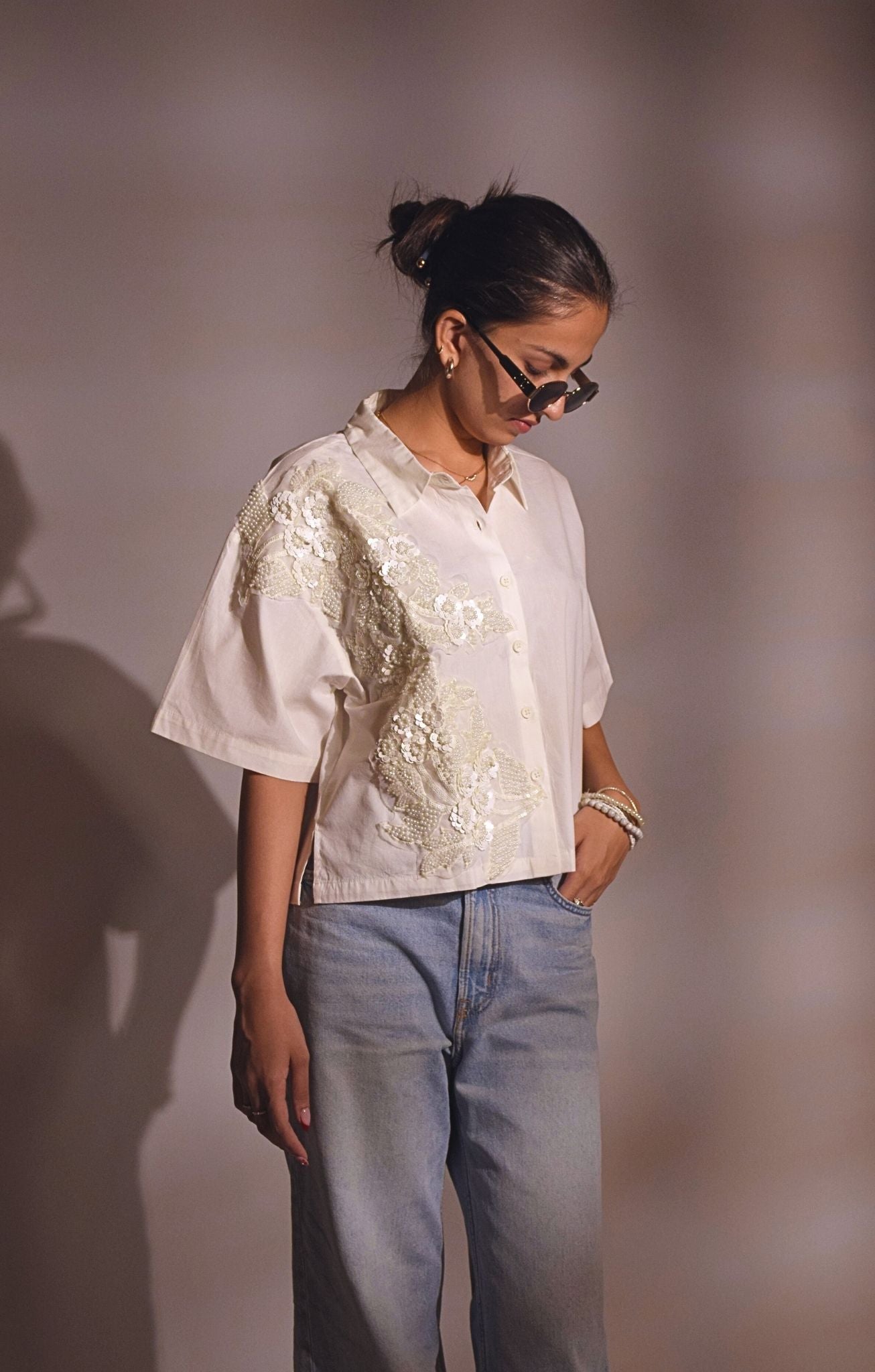 Pearl River Embellished Handcrafted Crop Shirt