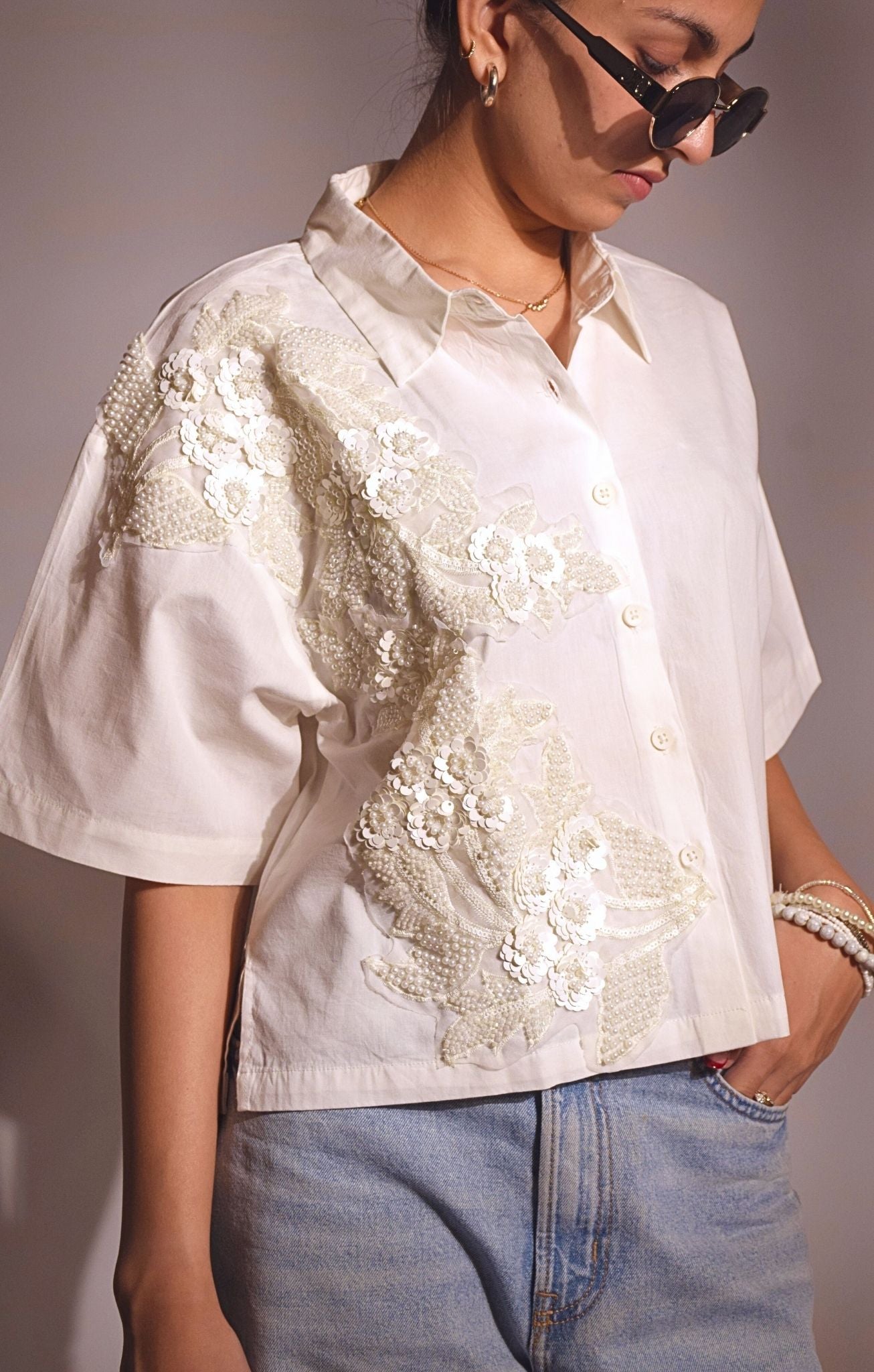 Pearl River Embellished Handcrafted Crop Shirt