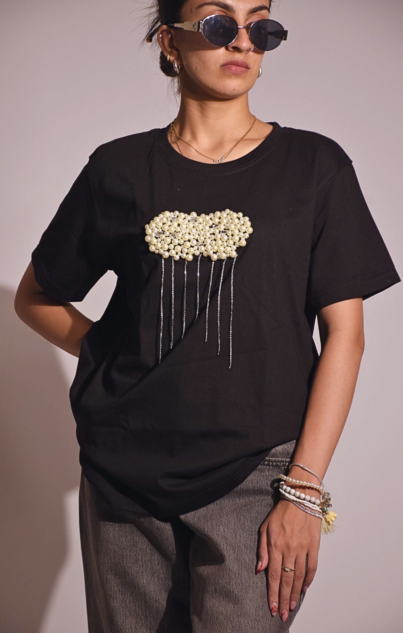 Cloud Embellished Handcrafted Oversized T Shirt
