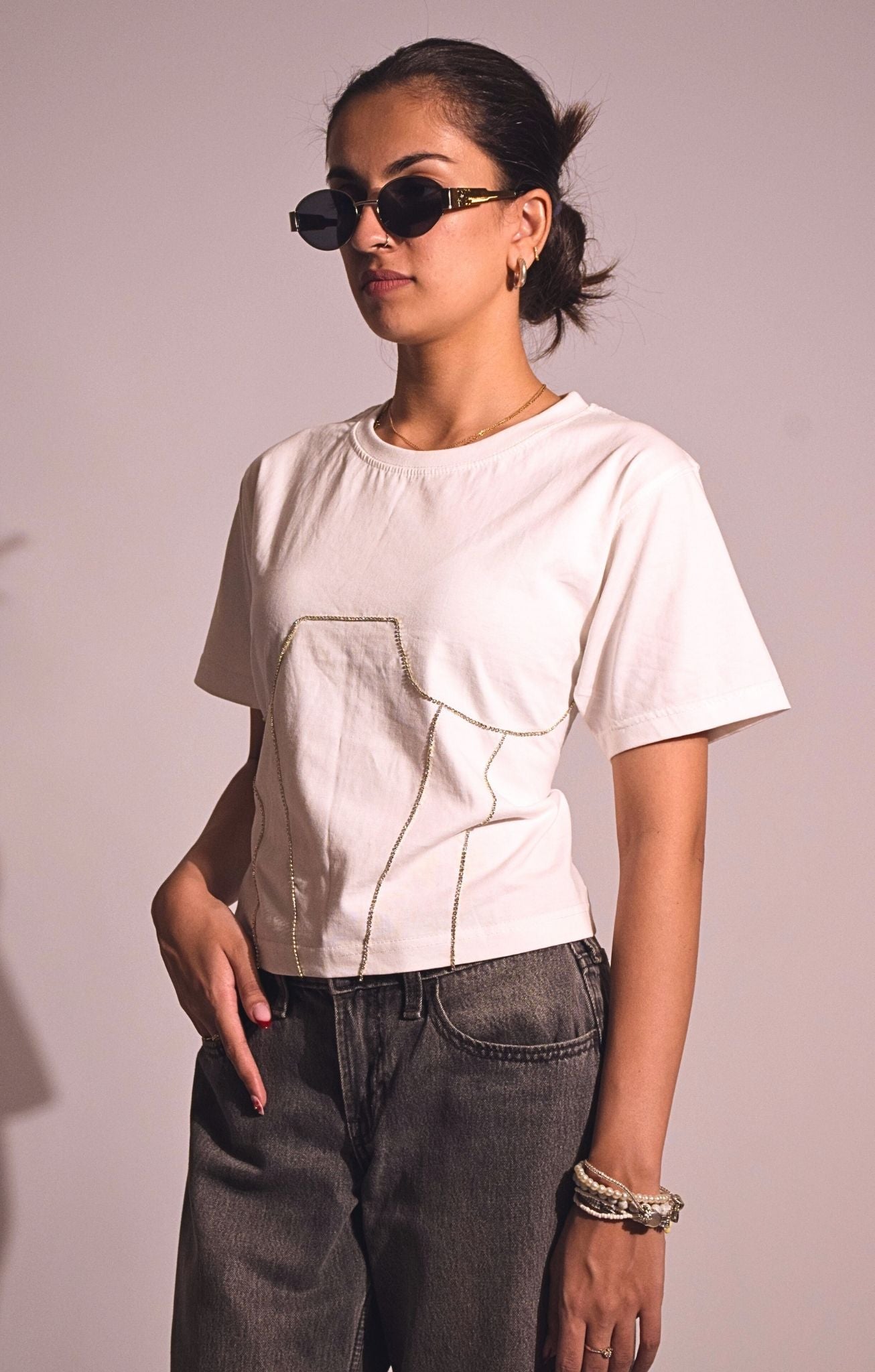Corset Embellished Handcrafted Crop T Shirt
