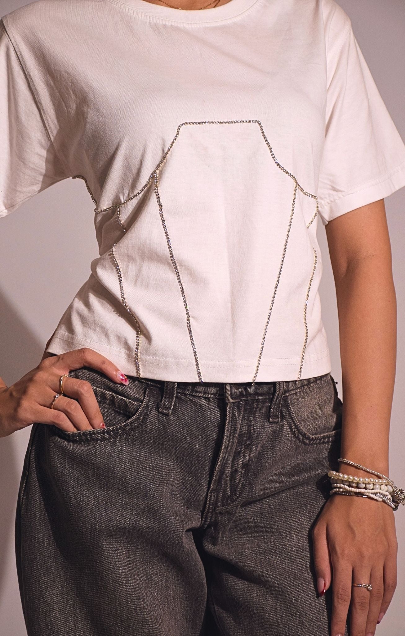 Corset Embellished Handcrafted Crop T Shirt