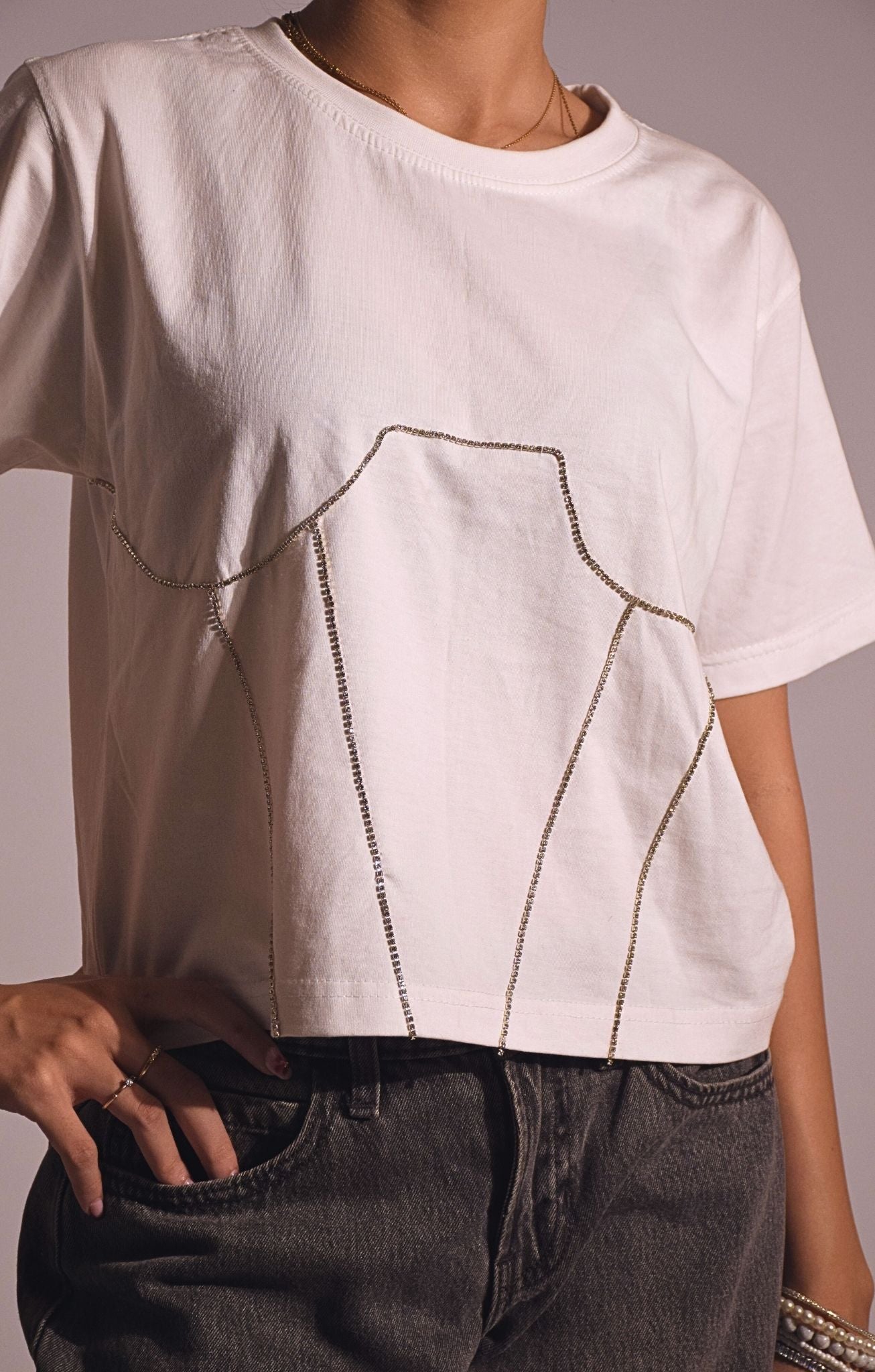 Corset Embellished Handcrafted Crop T Shirt