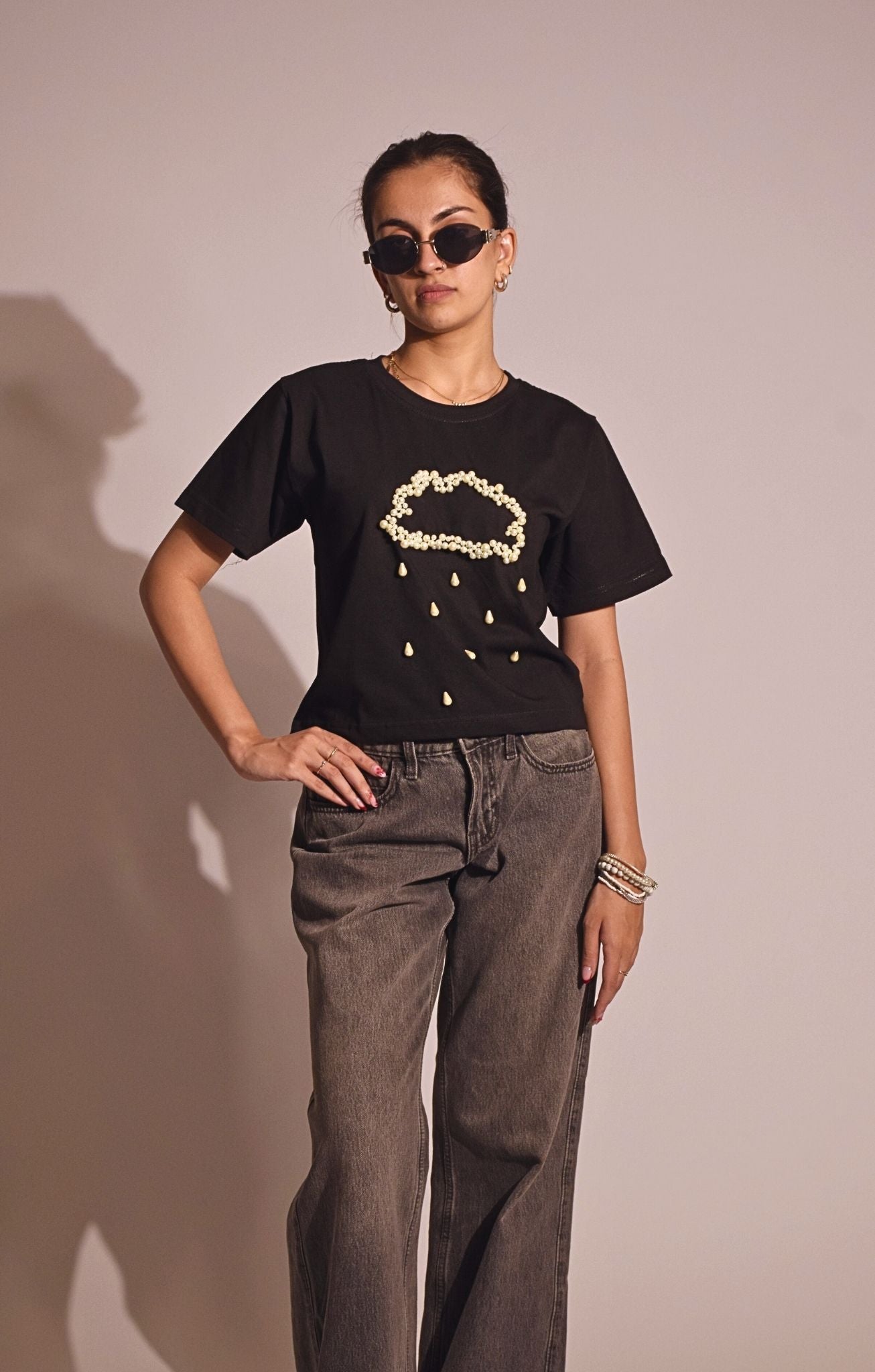 Rain Embellished Handcrafted Crop T Shirt