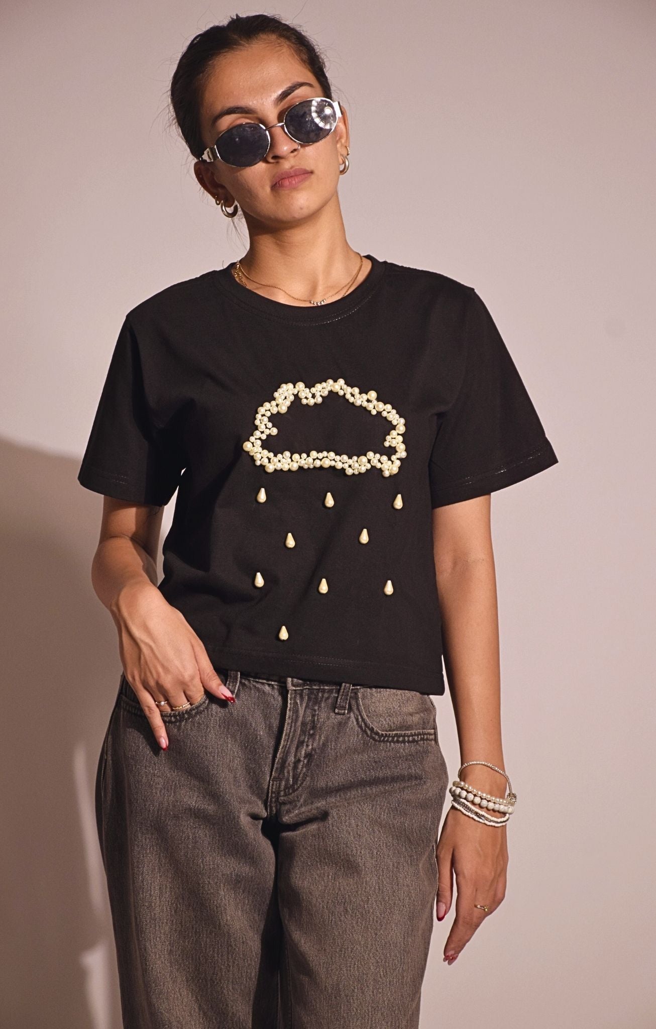 Rain Embellished Handcrafted Crop T Shirt
