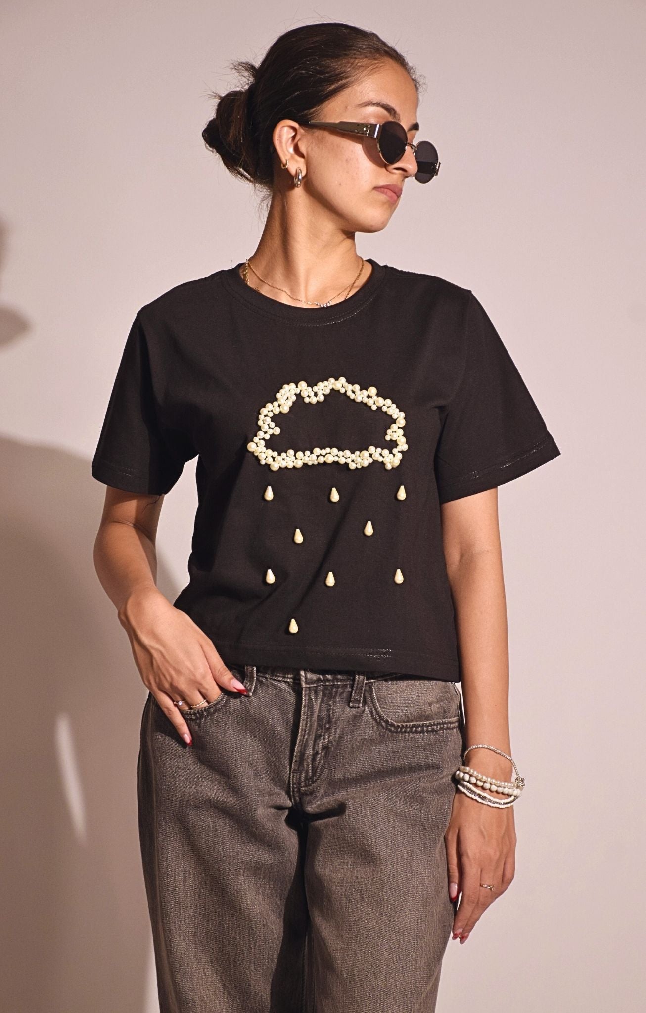 Rain Embellished Handcrafted Crop T Shirt