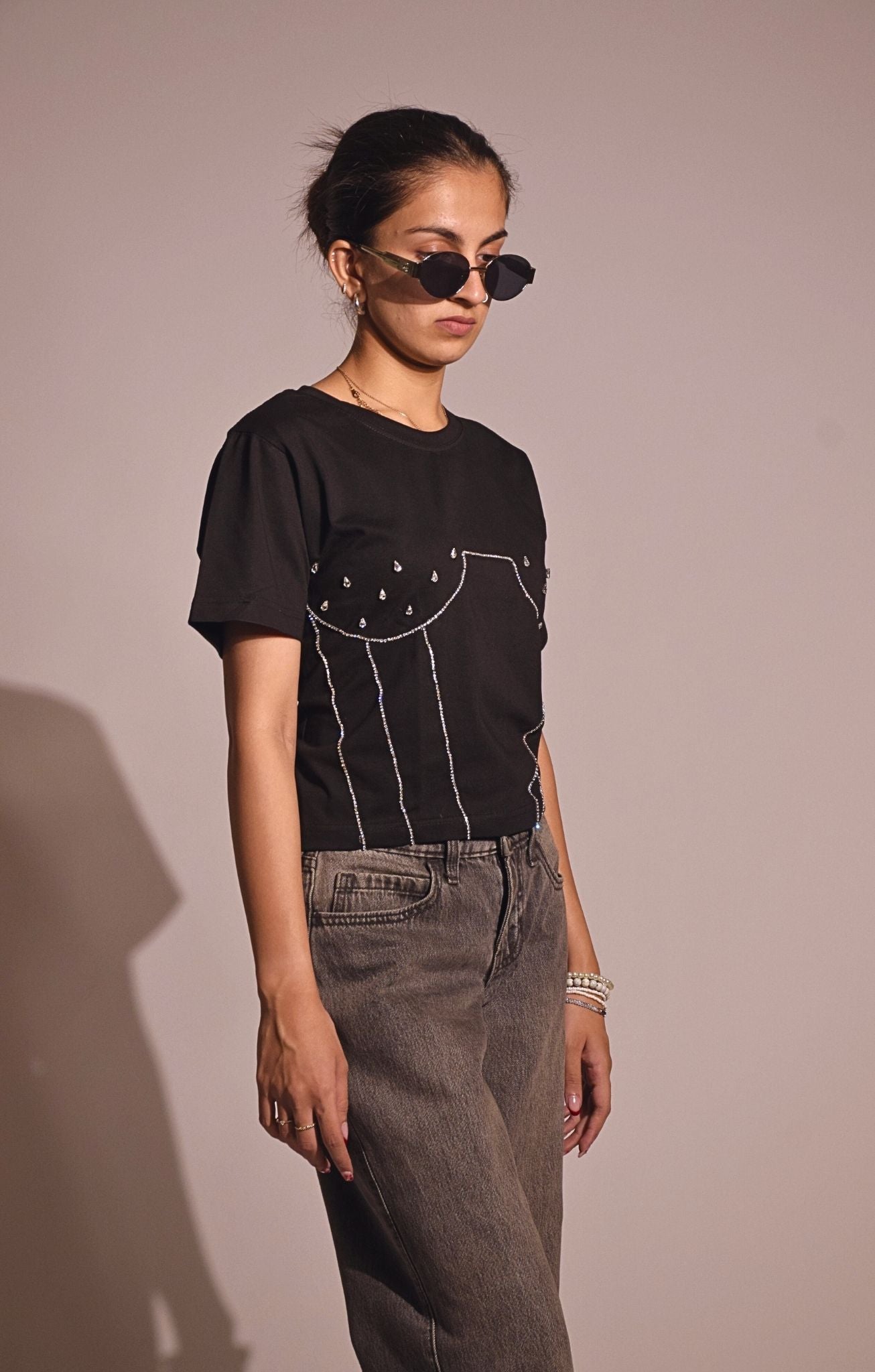 Corset Embellished Handcrafted Crop T Shirt