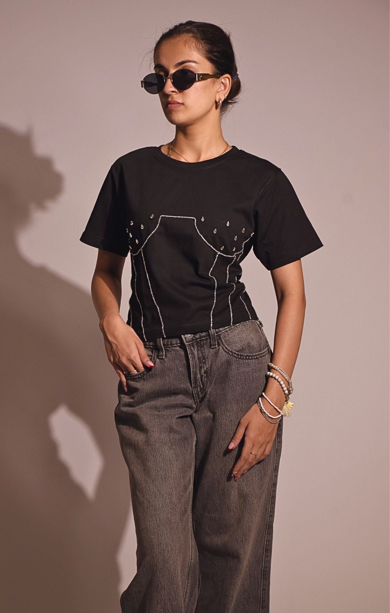 Corset Embellished Handcrafted Crop T Shirt