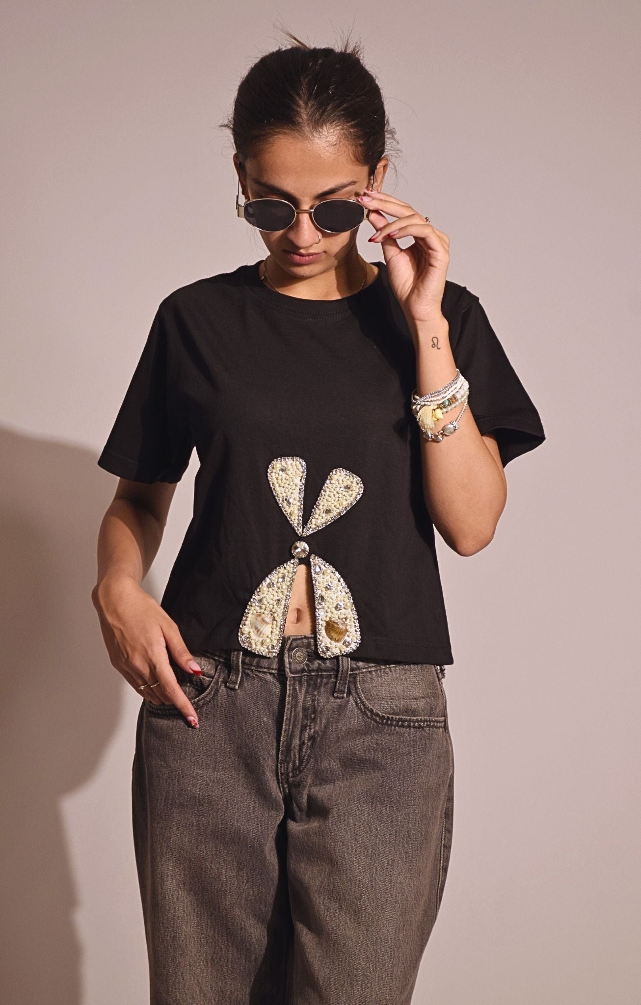 Bow Aura Embellished Handcrafted Crop T Shirt