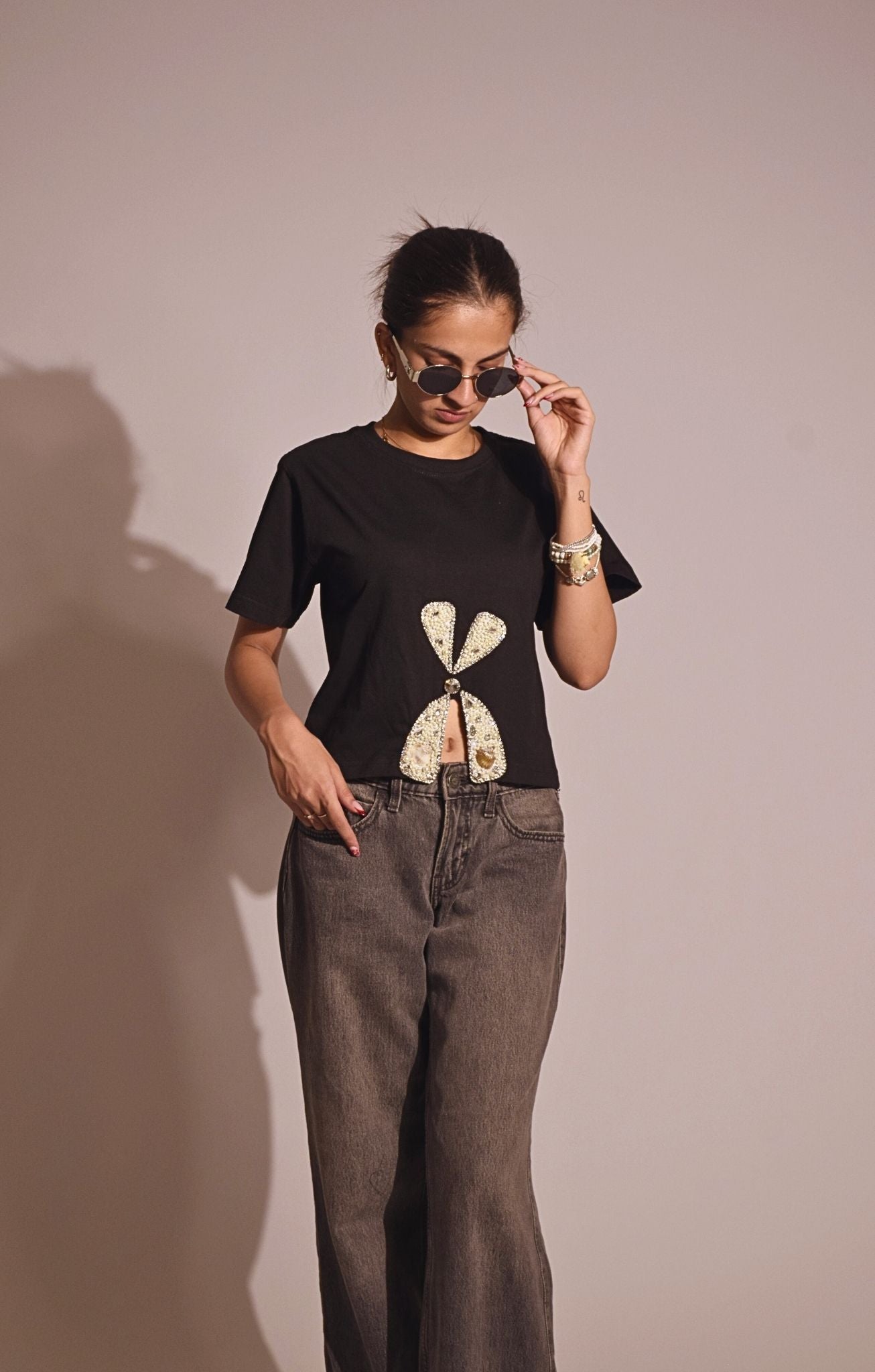 Bow Aura Embellished Handcrafted Crop T Shirt