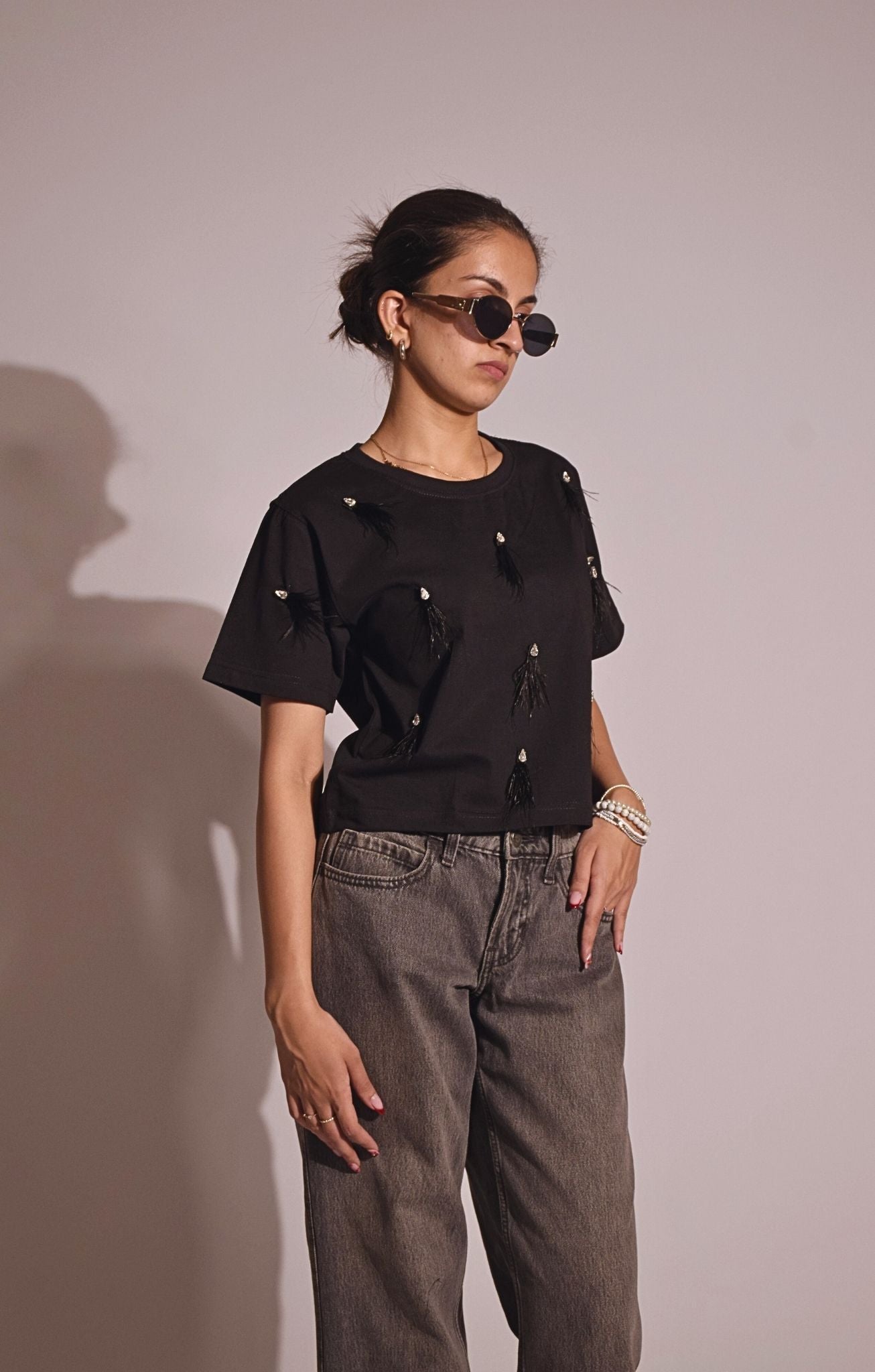 Feather Embellished Handcrafted Crop T Shirt
