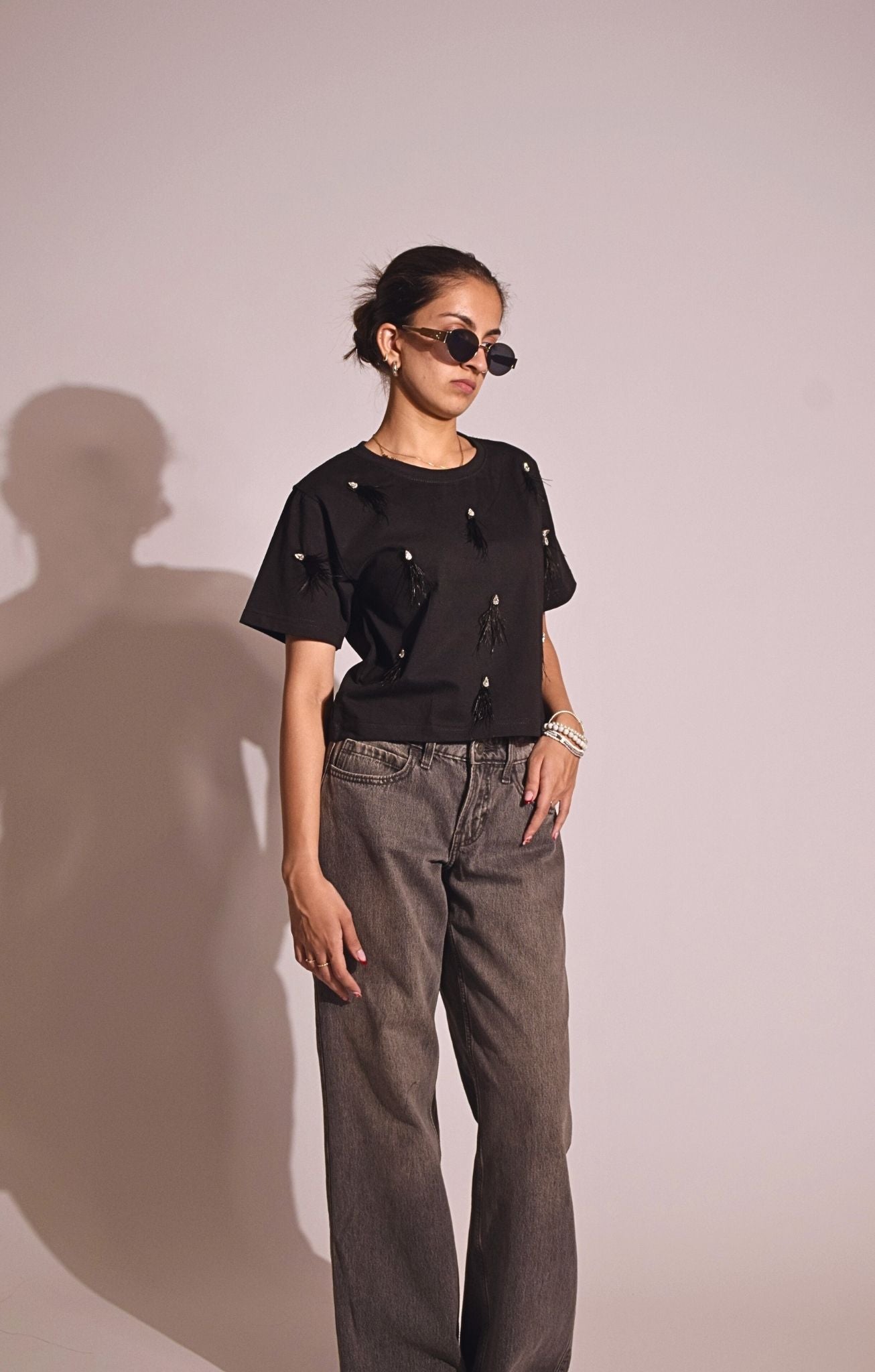 Feather Embellished Handcrafted Crop T Shirt