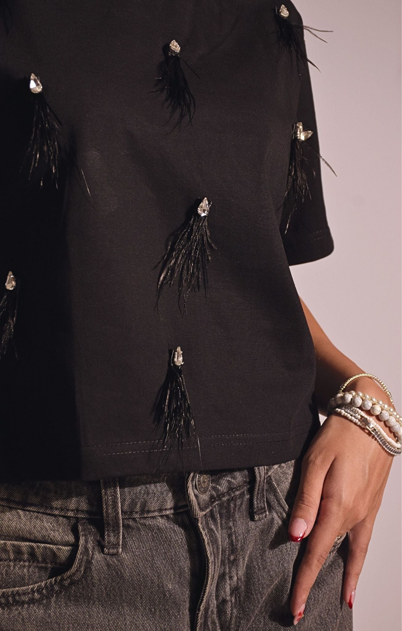 Feather Embellished Handcrafted Crop T Shirt