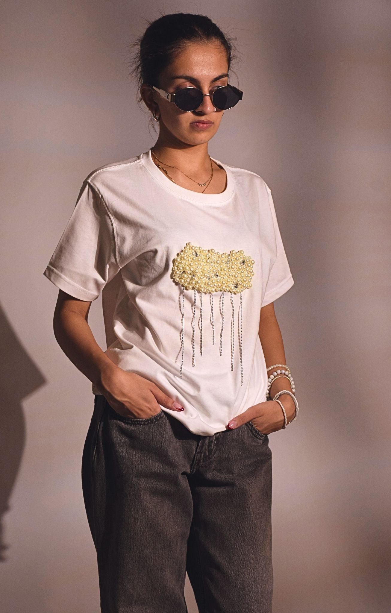 Cloud Embellished Handcrafted Oversized T Shirt