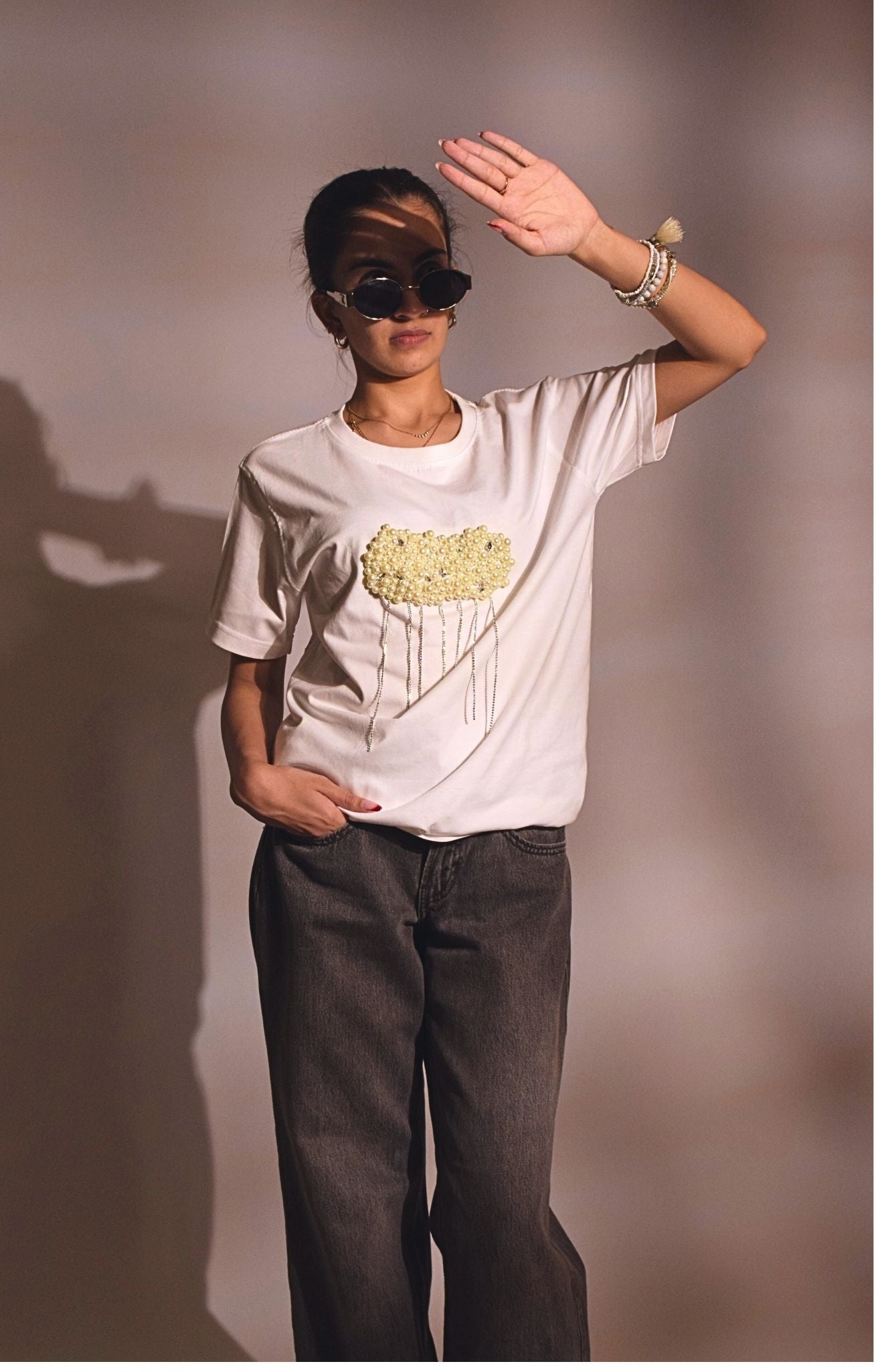 Cloud Embellished Handcrafted Oversized T Shirt
