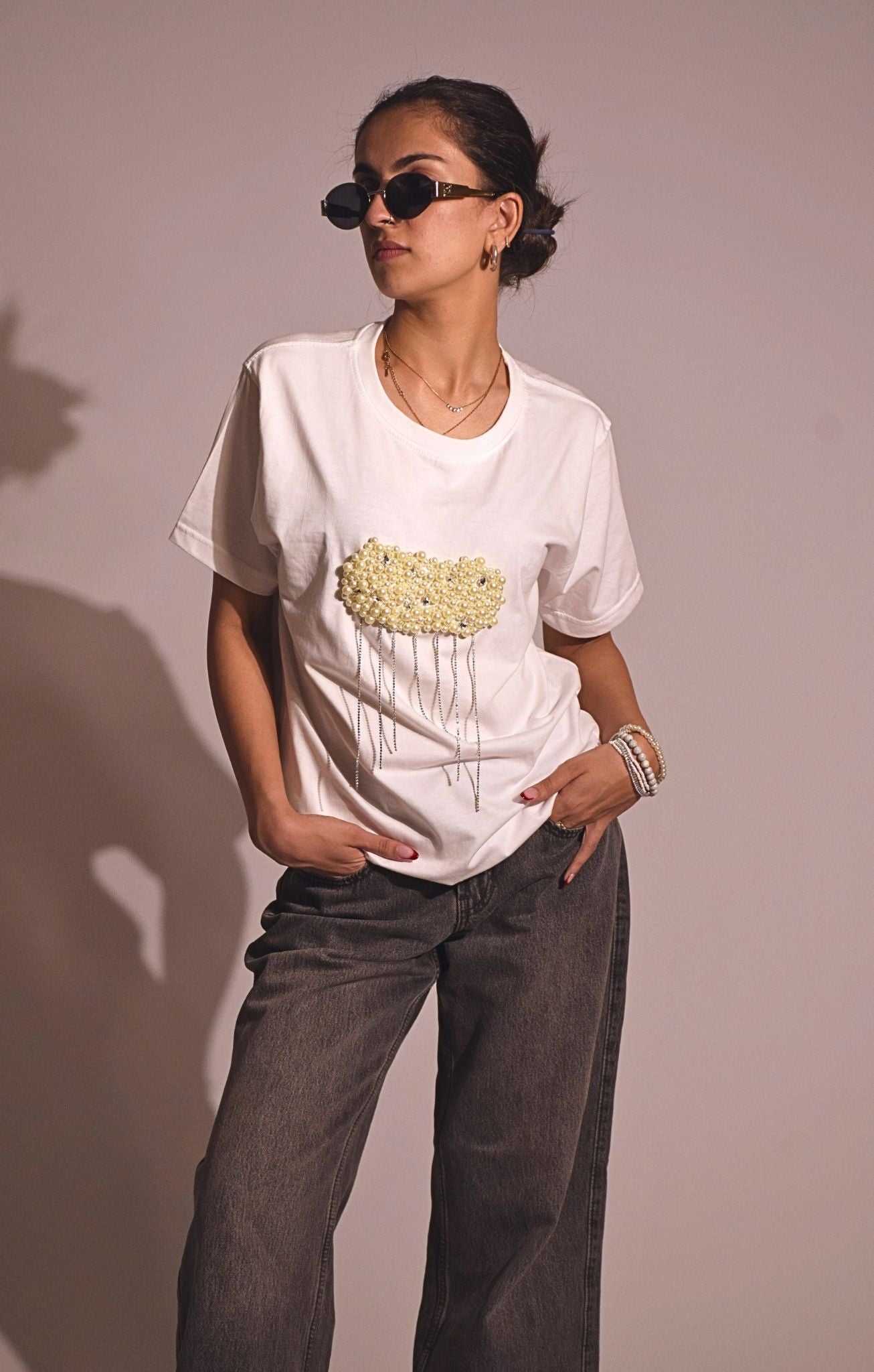 Cloud Embellished Handcrafted Oversized T Shirt