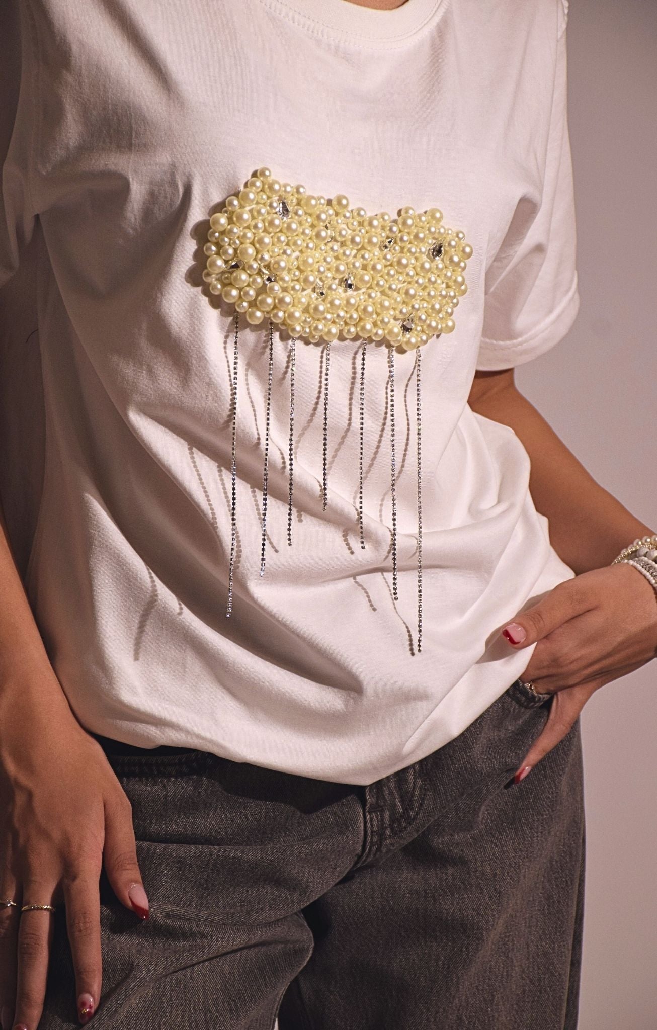 Cloud Embellished Handcrafted Oversized T Shirt