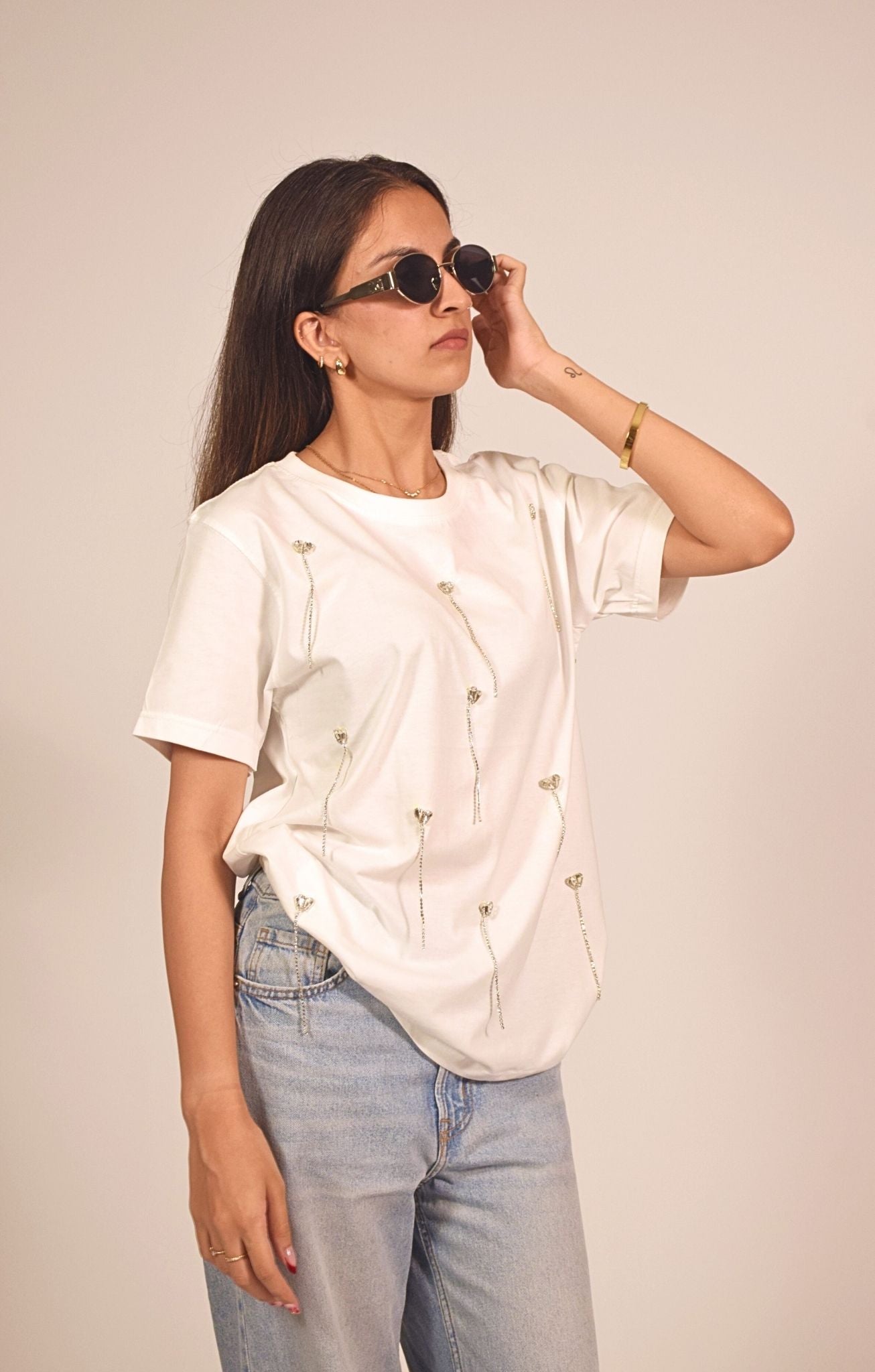 Heartdrop Embellished Handcrafted Drop Oversized T Shirt