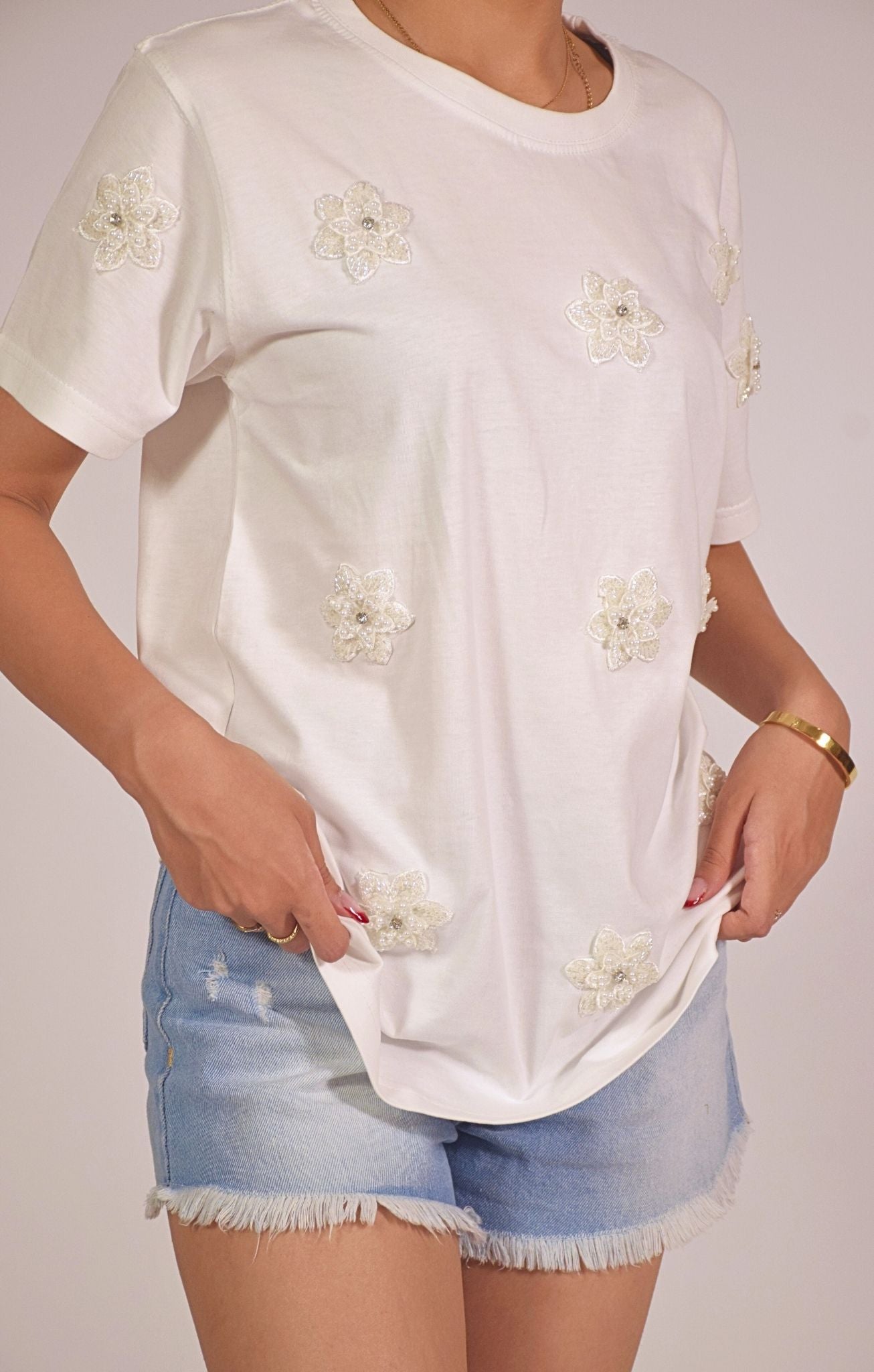 Flower Embellished Handcrafted Oversized T Shirt
