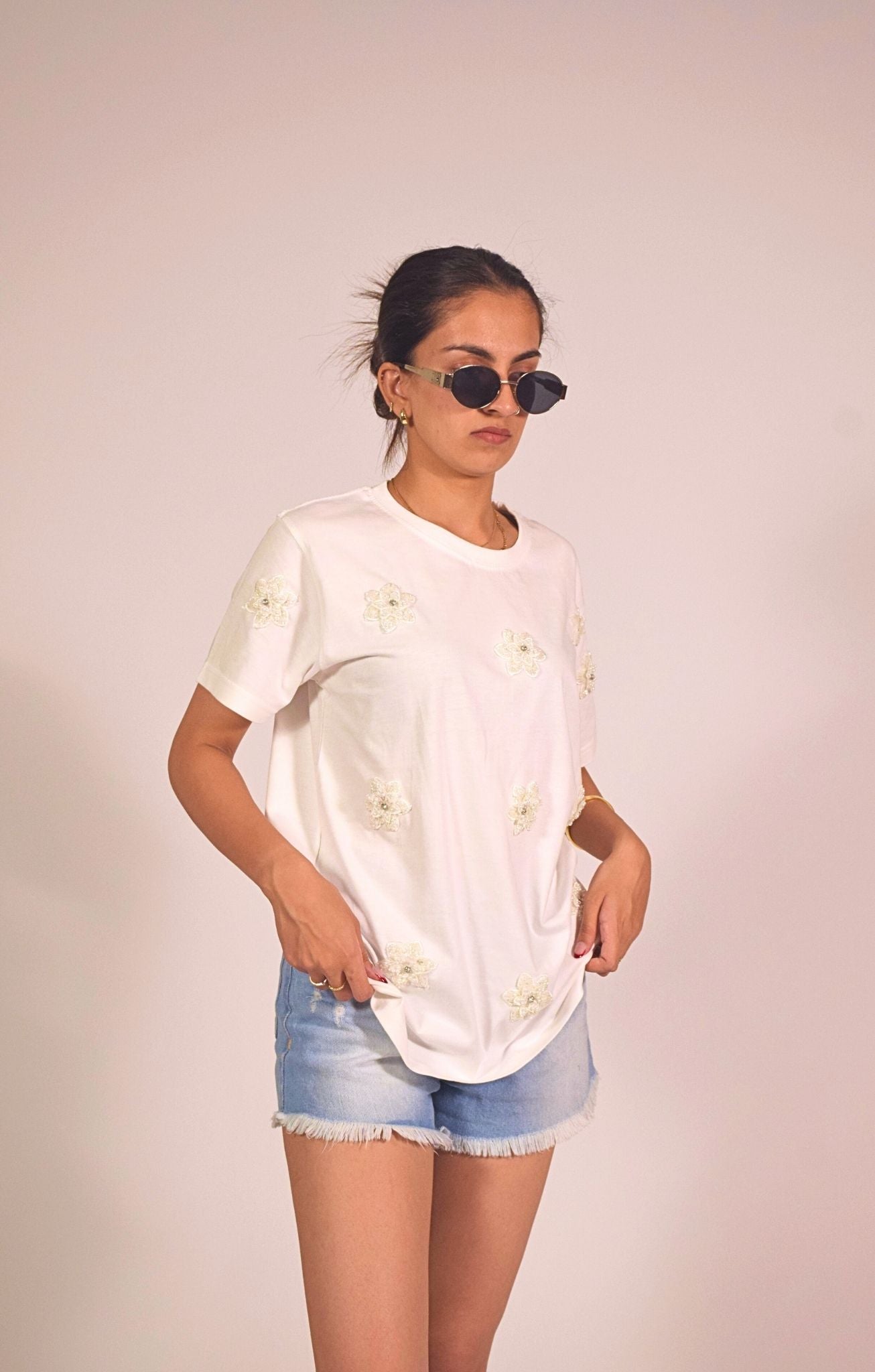 Flower Embellished Handcrafted Oversized T Shirt