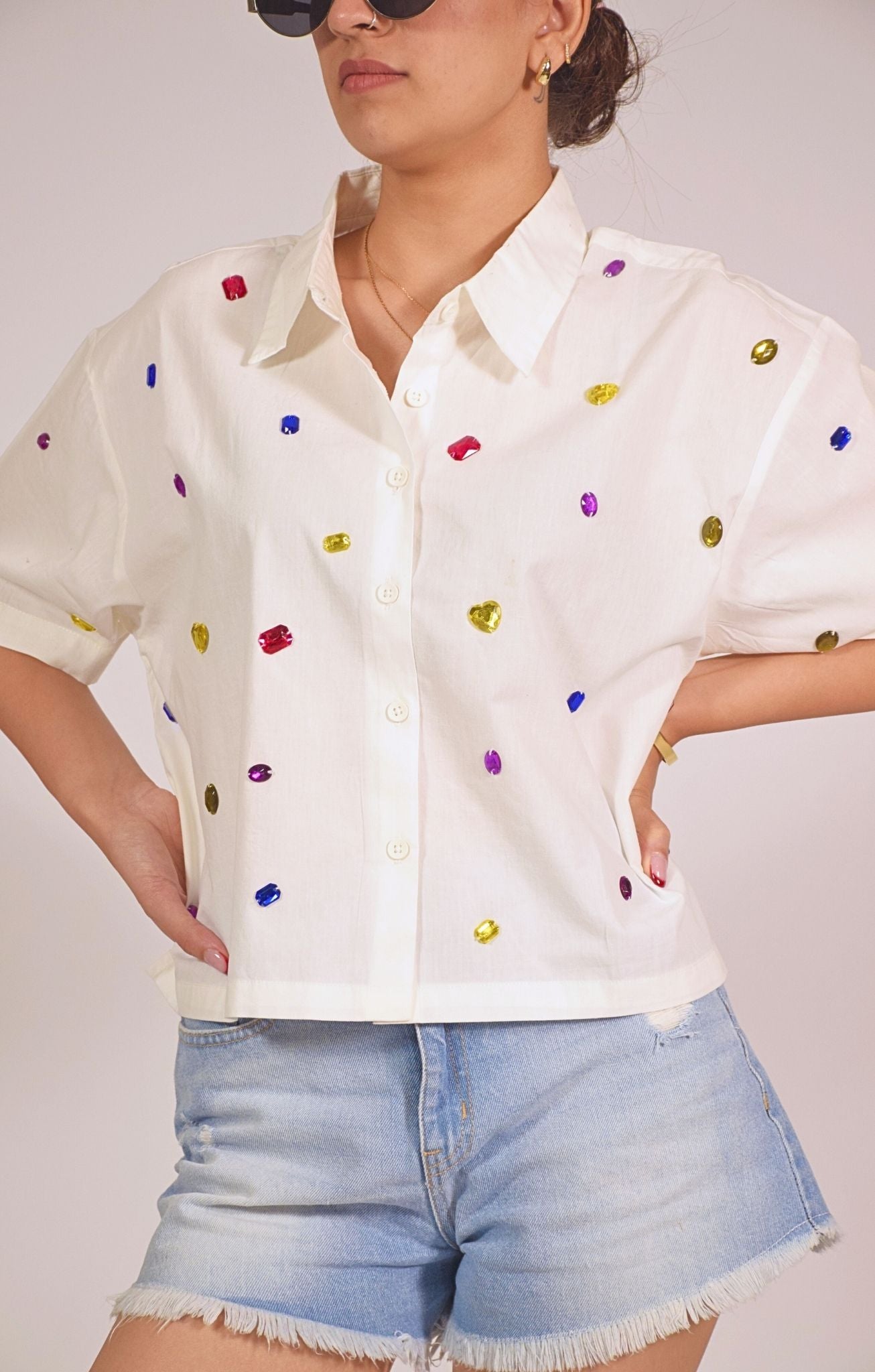 9 Stone Embellished Handcrafted Crop Shirt