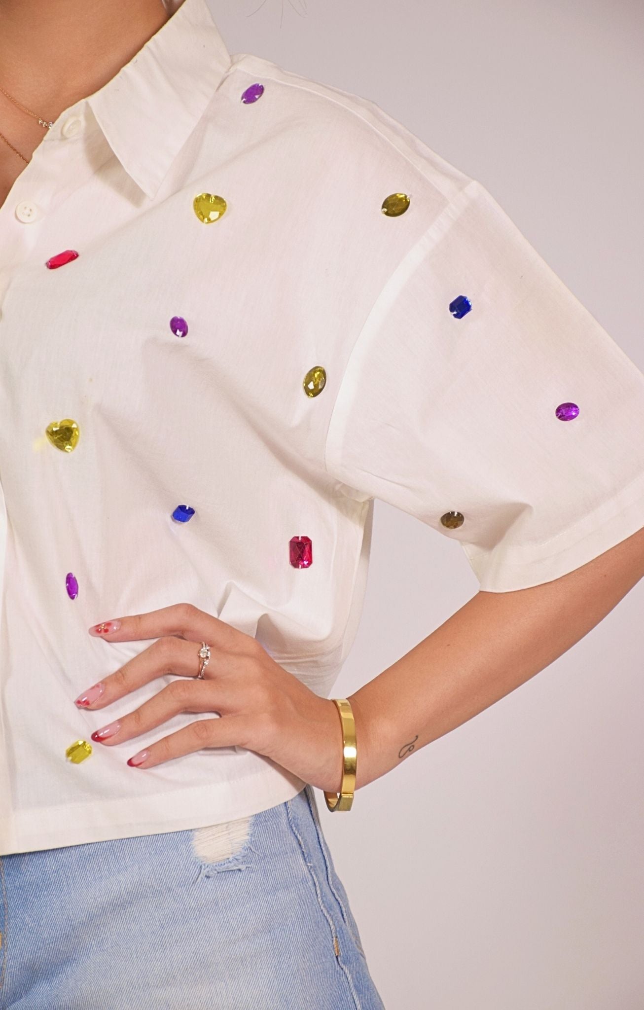 9 Stone Embellished Handcrafted Crop Shirt