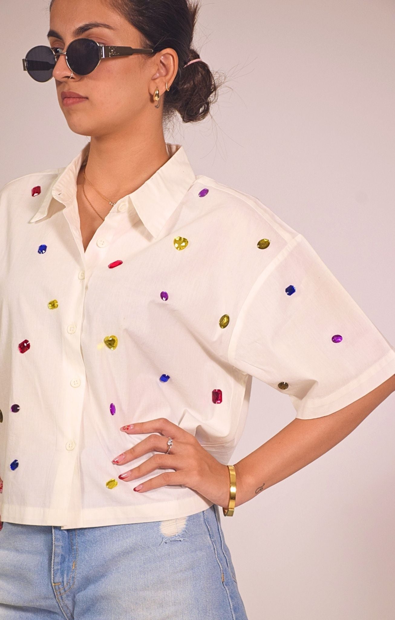 9 Stone Embellished Handcrafted Crop Shirt