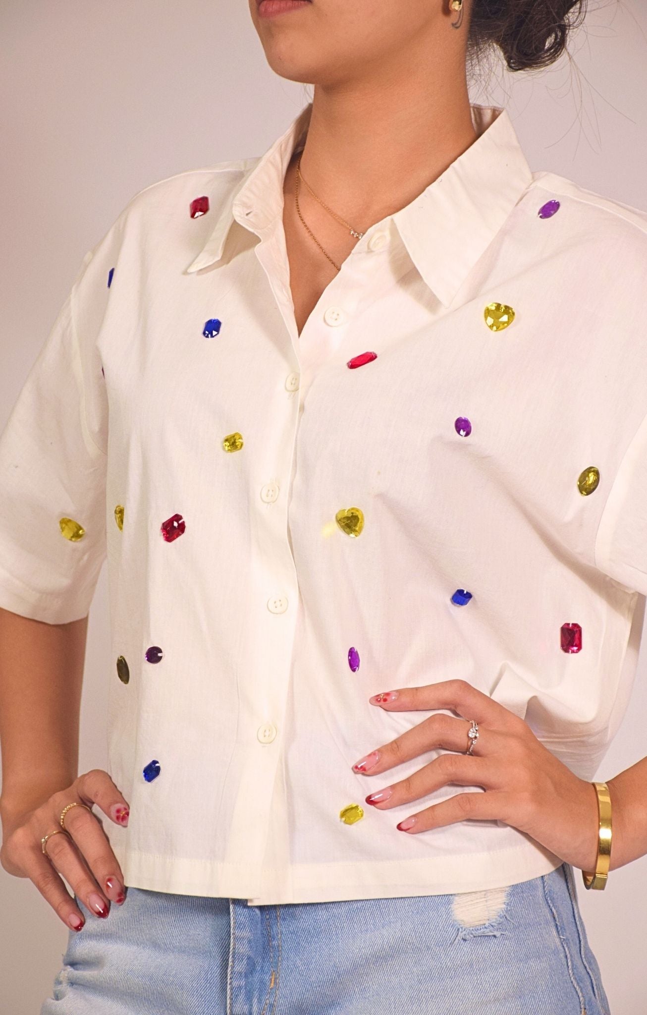 9 Stone Embellished Handcrafted Crop Shirt