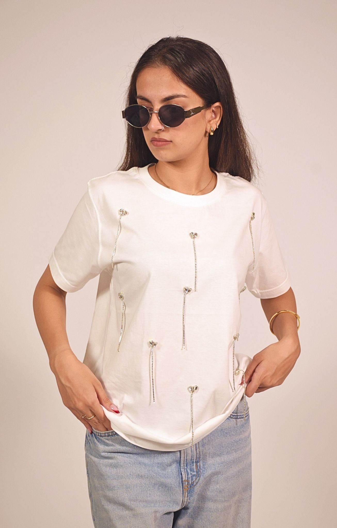 Heartdrop Embellished Handcrafted Drop Oversized T Shirt
