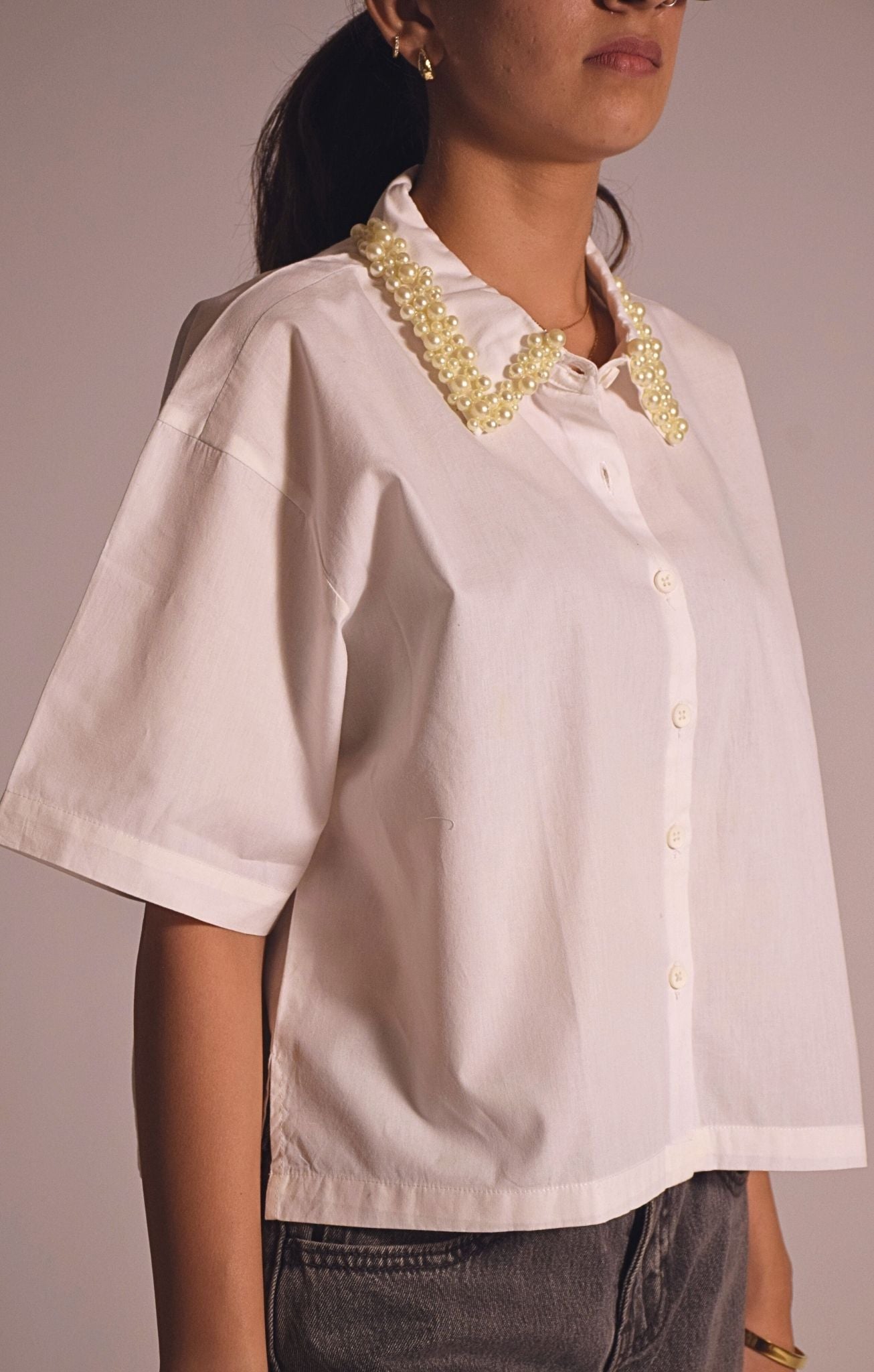 Pearl Swan Embellished Handcrafted Crop Shirt