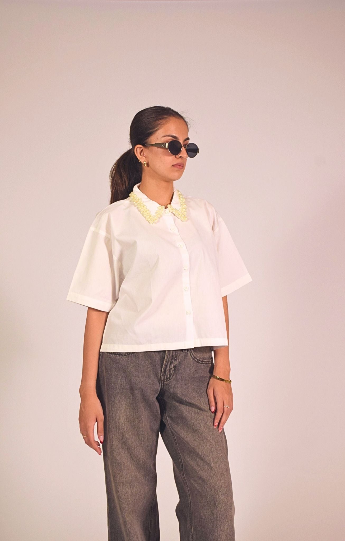 Pearl Swan Embellished Handcrafted Crop Shirt