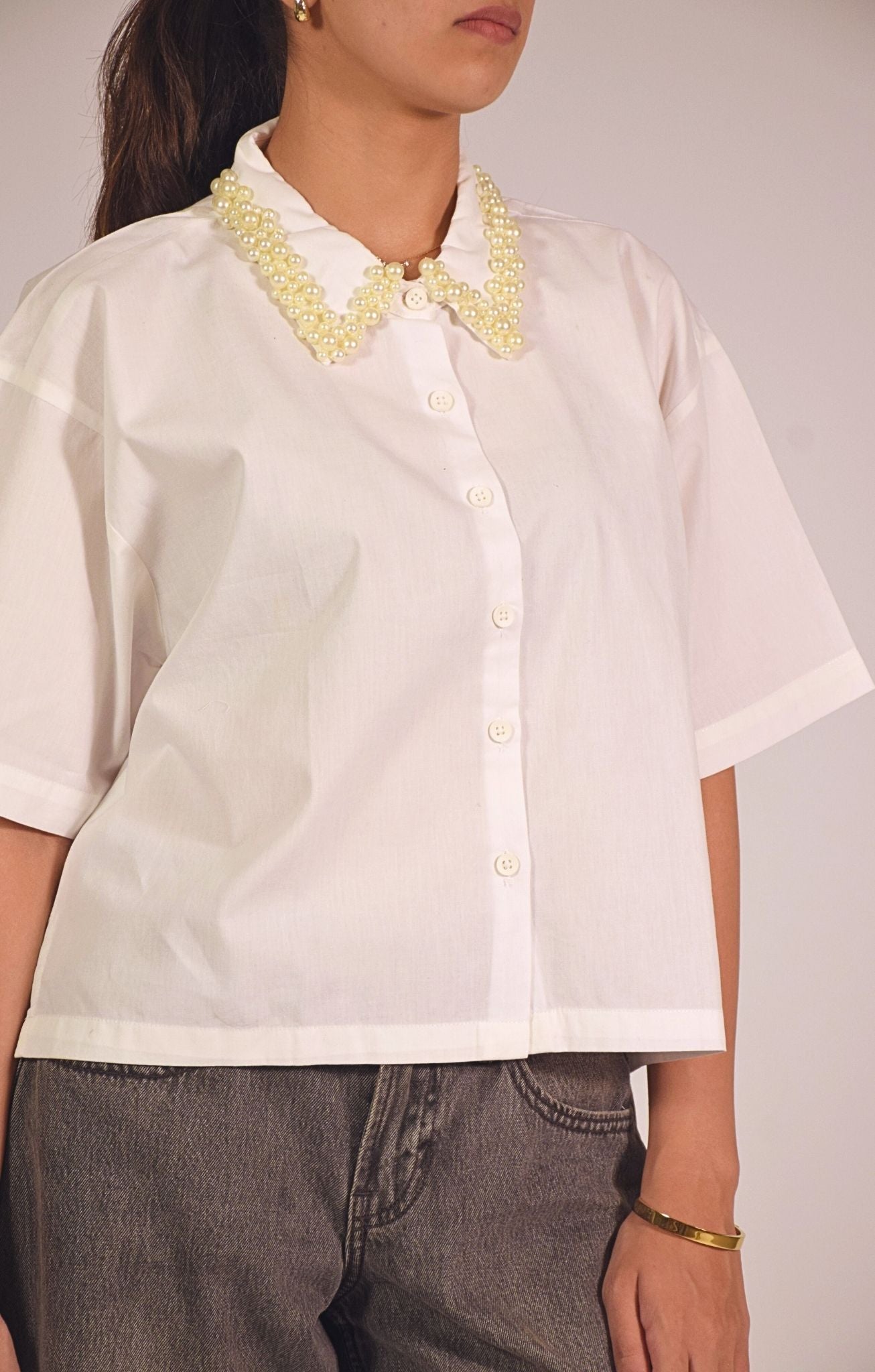 Pearl Swan Embellished Handcrafted Crop Shirt