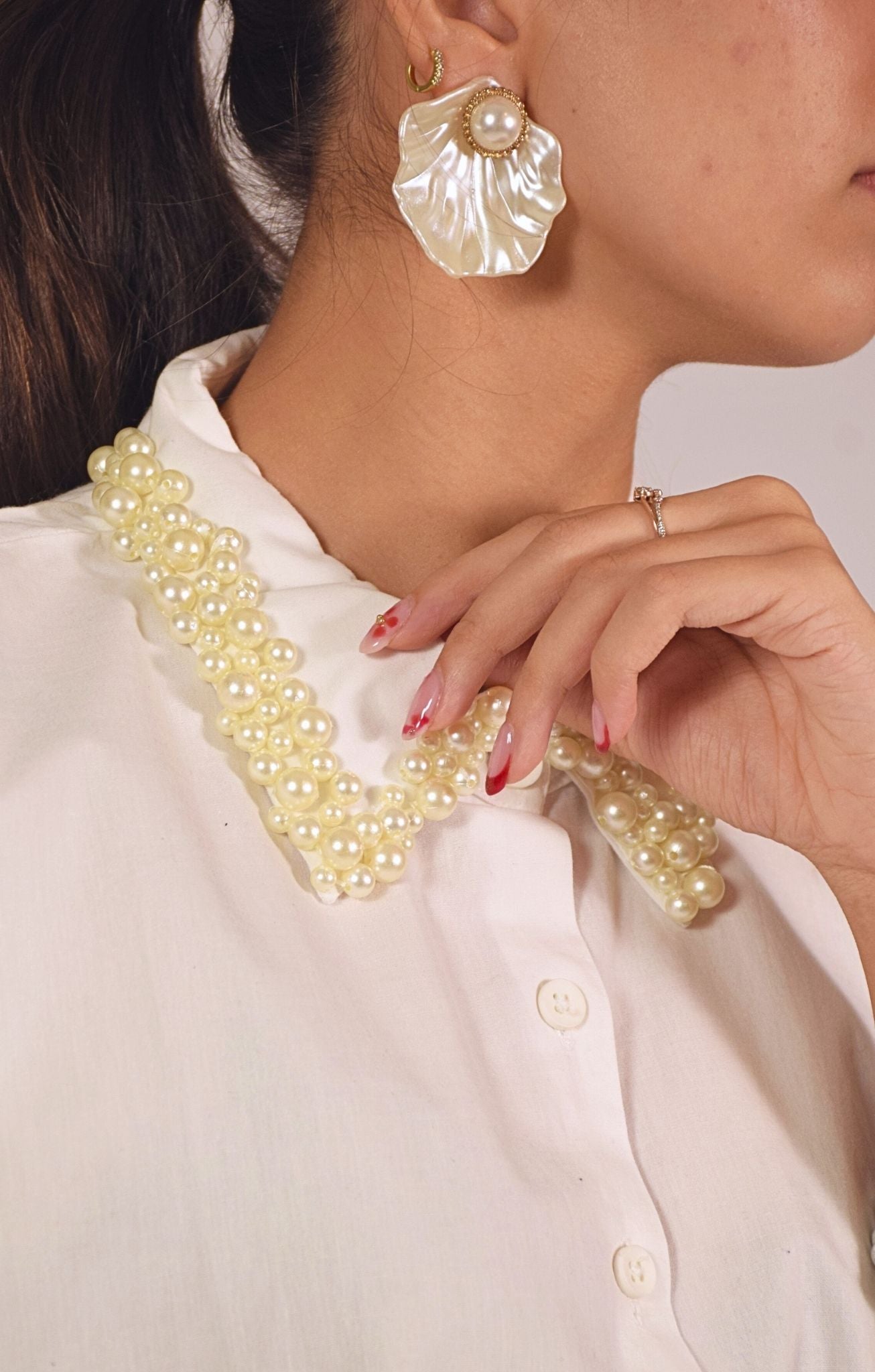 Pearl Swan Embellished Handcrafted Crop Shirt
