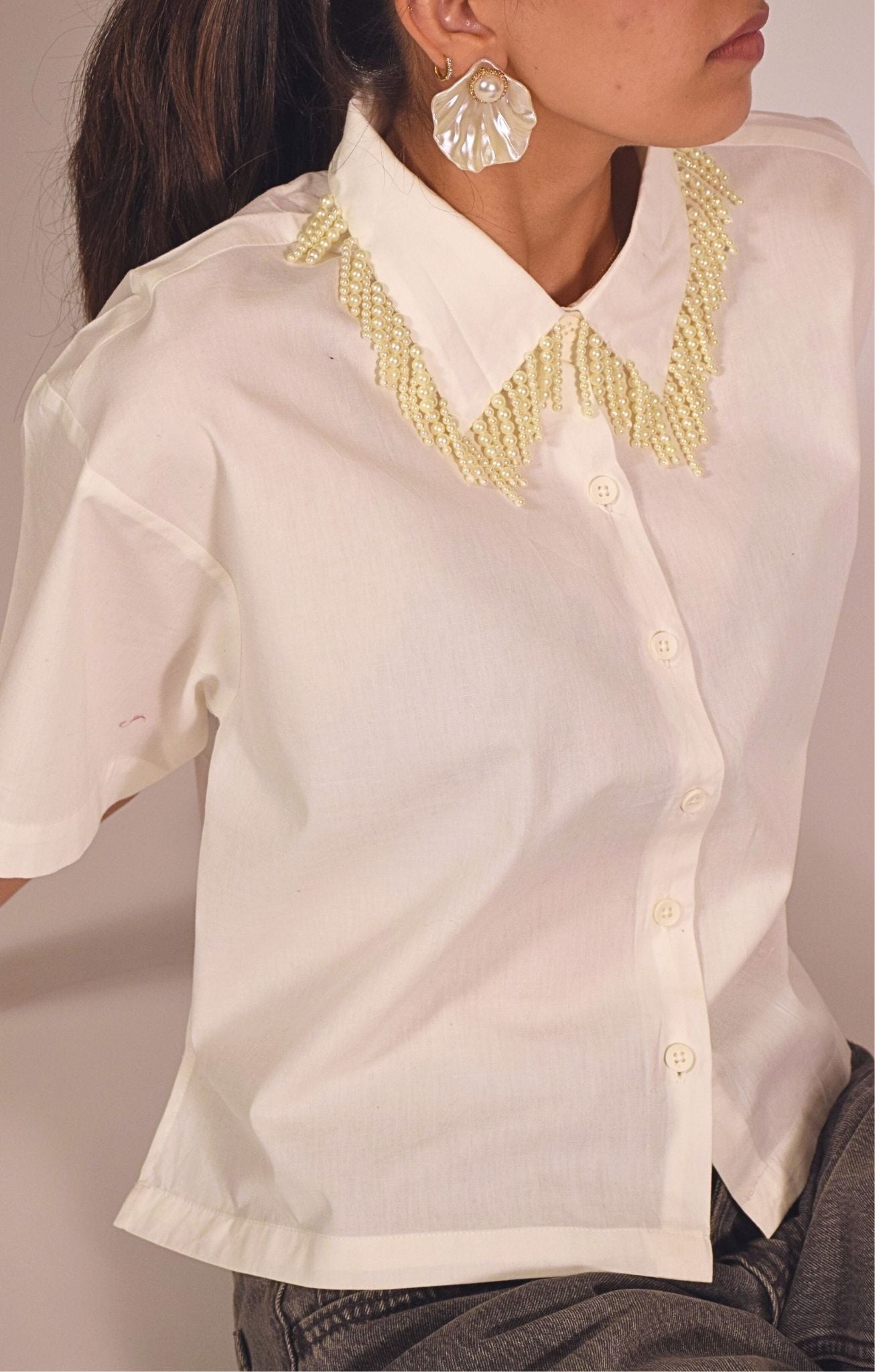 Pearl Fall Embellished Handcrafted Crop Shirt