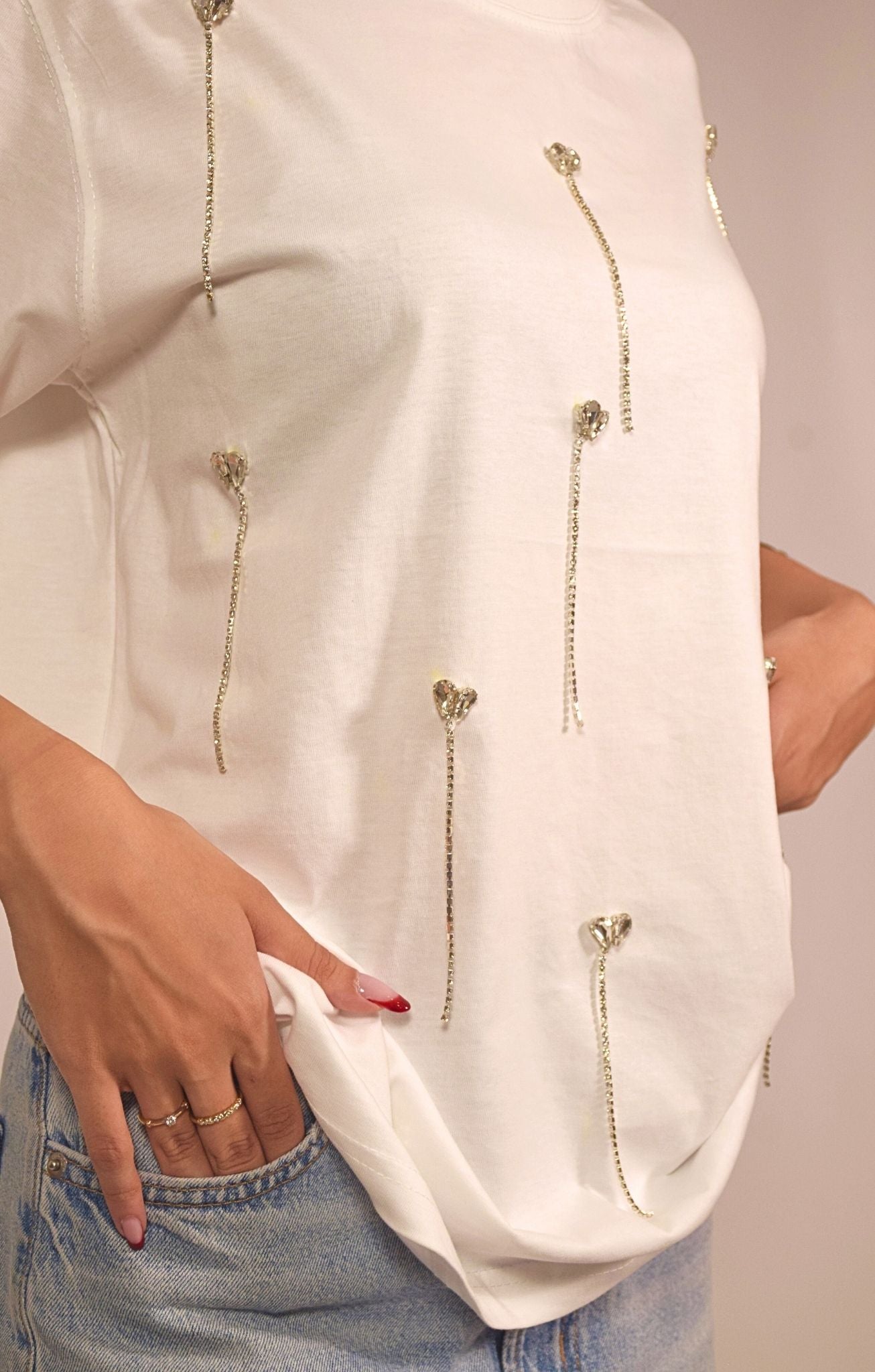 Heartdrop Embellished Handcrafted Drop Oversized T Shirt