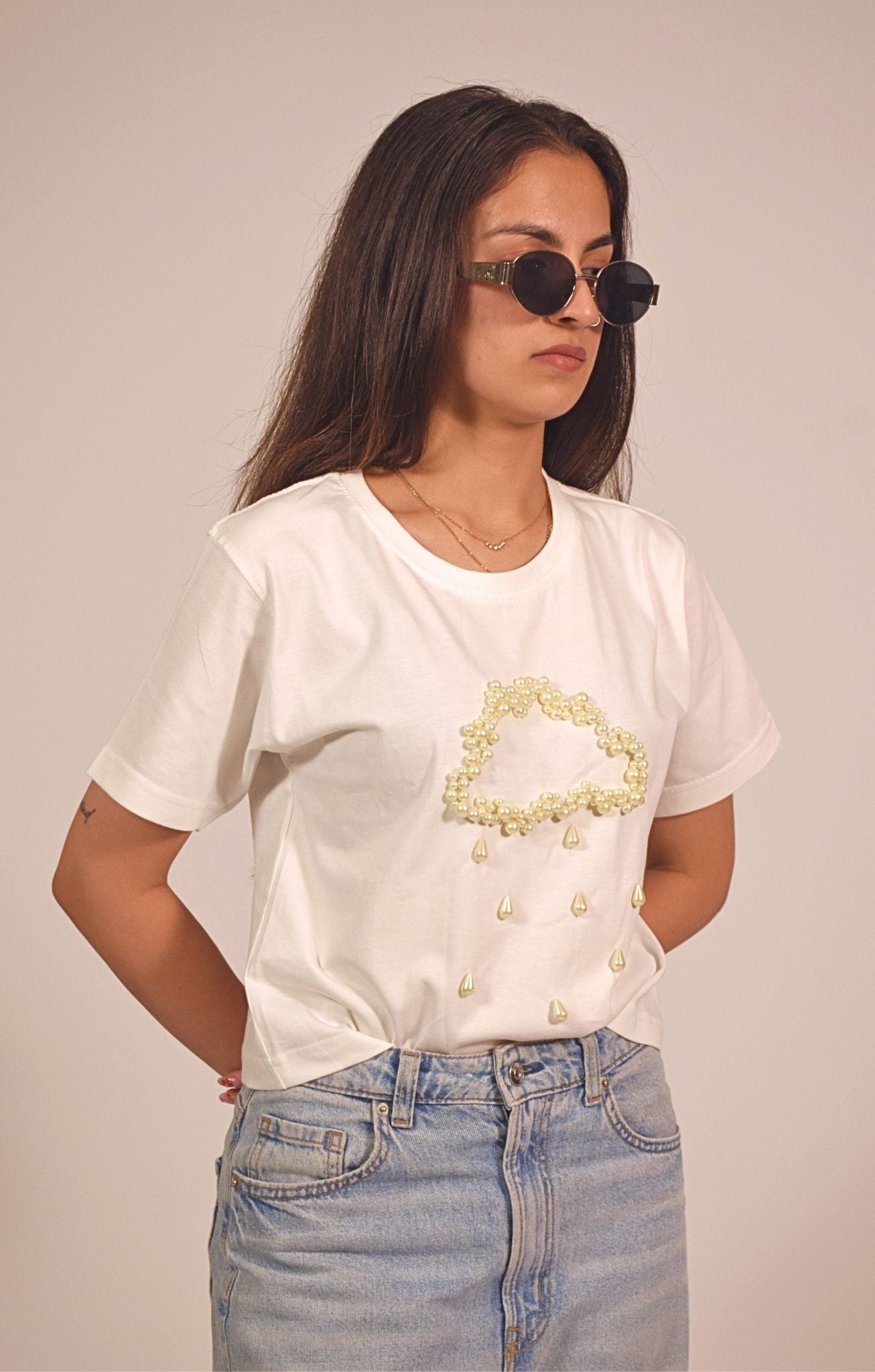 Rain Embellished Handcrafted Crop T Shirt