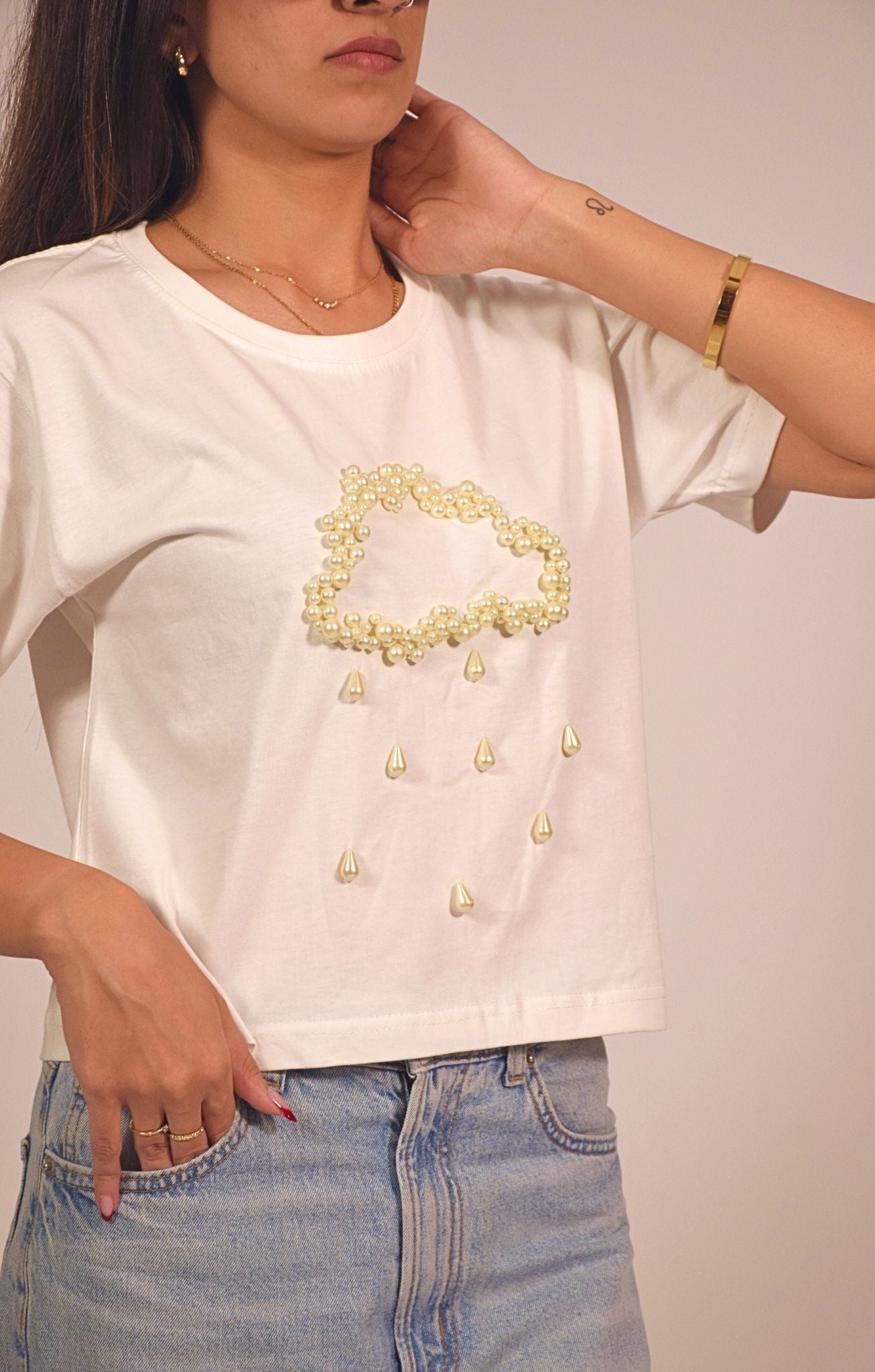 Rain Embellished Handcrafted Crop T Shirt