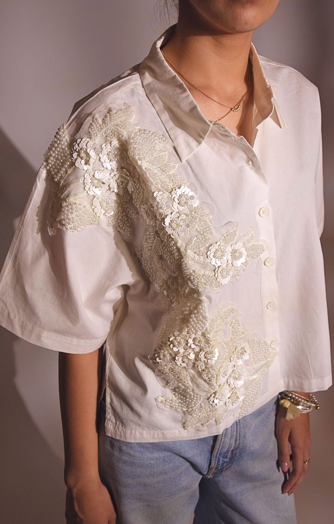 Pearl River Embellished Handcrafted Crop Shirt