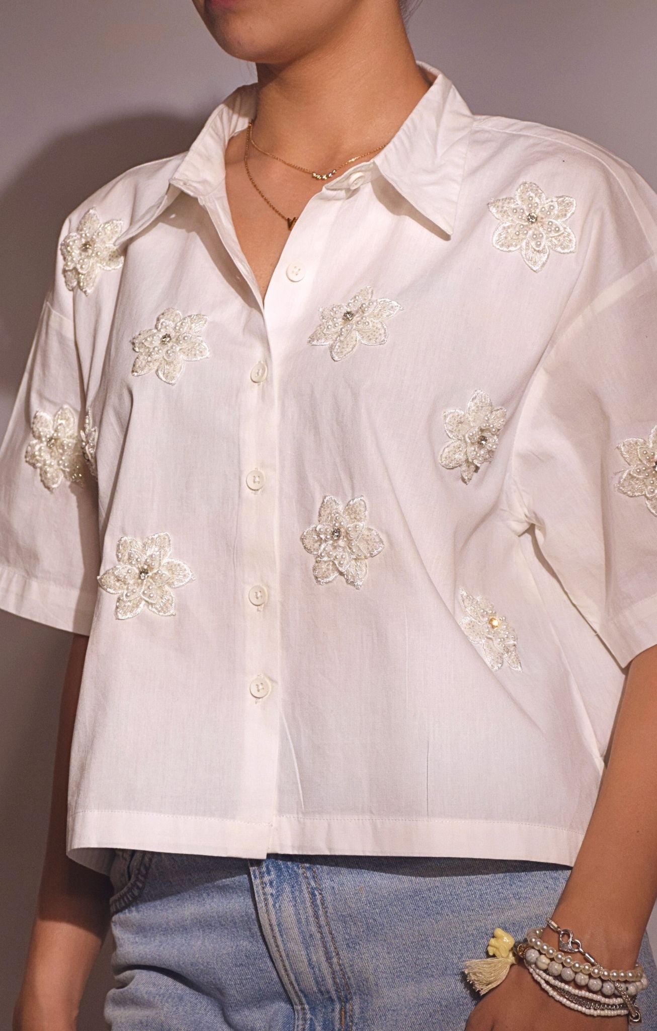Pearl Flower  Embellished Handcrafted Crop Shirt