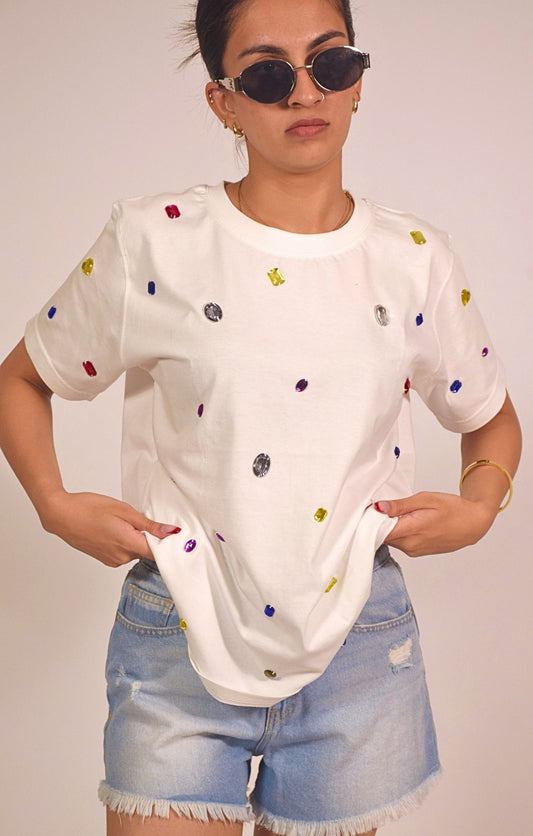 9 Stone Embellished Handcrafted Oversized T Shirt