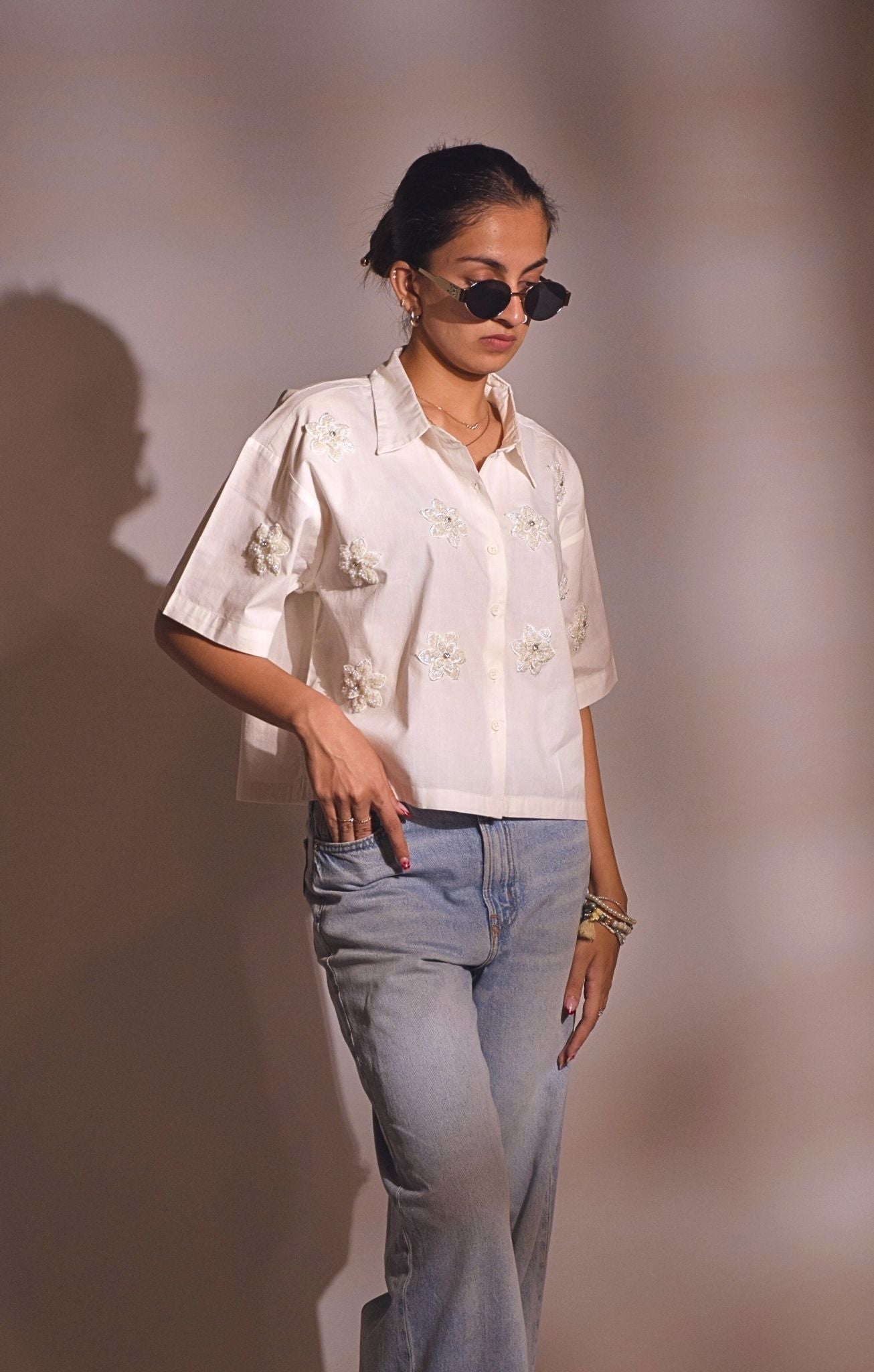Pearl Flower  Embellished Handcrafted Crop Shirt