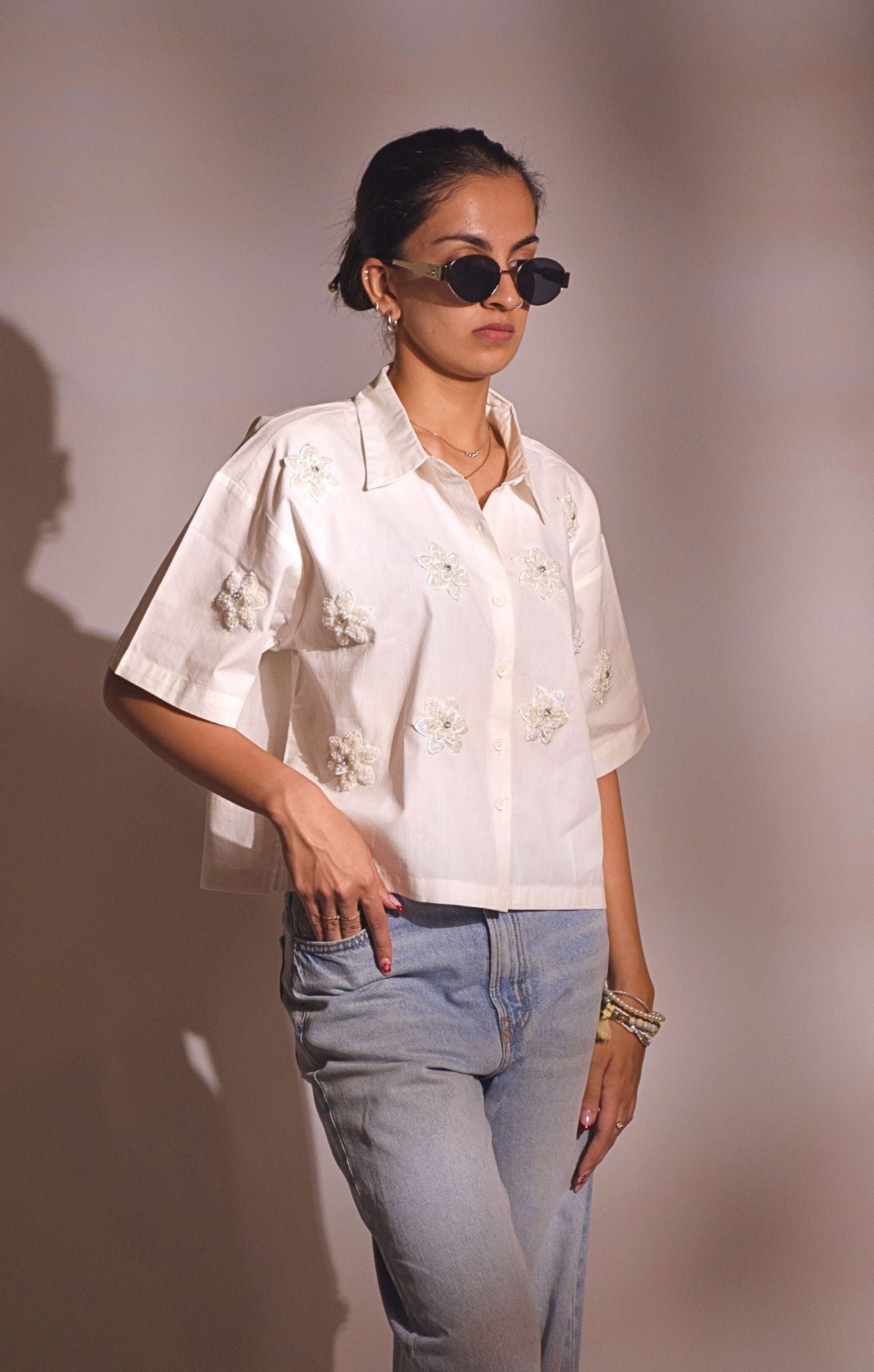 Pearl Flower  Embellished Handcrafted Crop Shirt