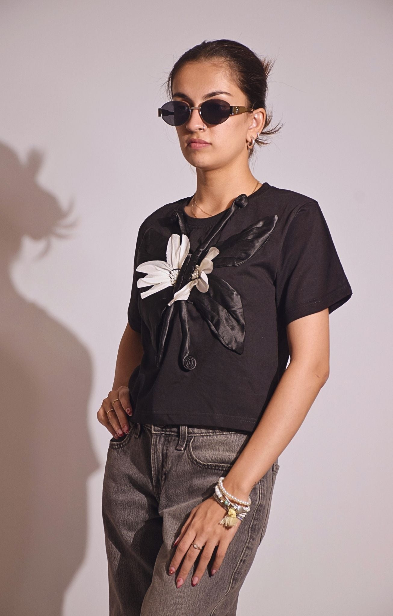 Butterfly Embellished Handcrafted Crop T Shirt