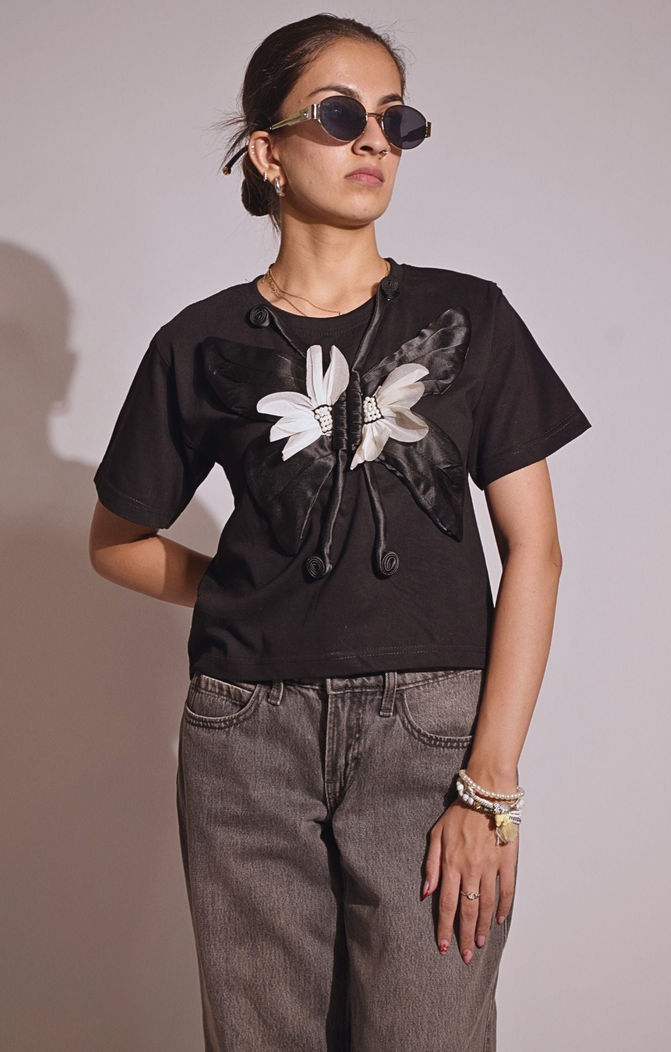 Butterfly Embellished Handcrafted Crop T Shirt