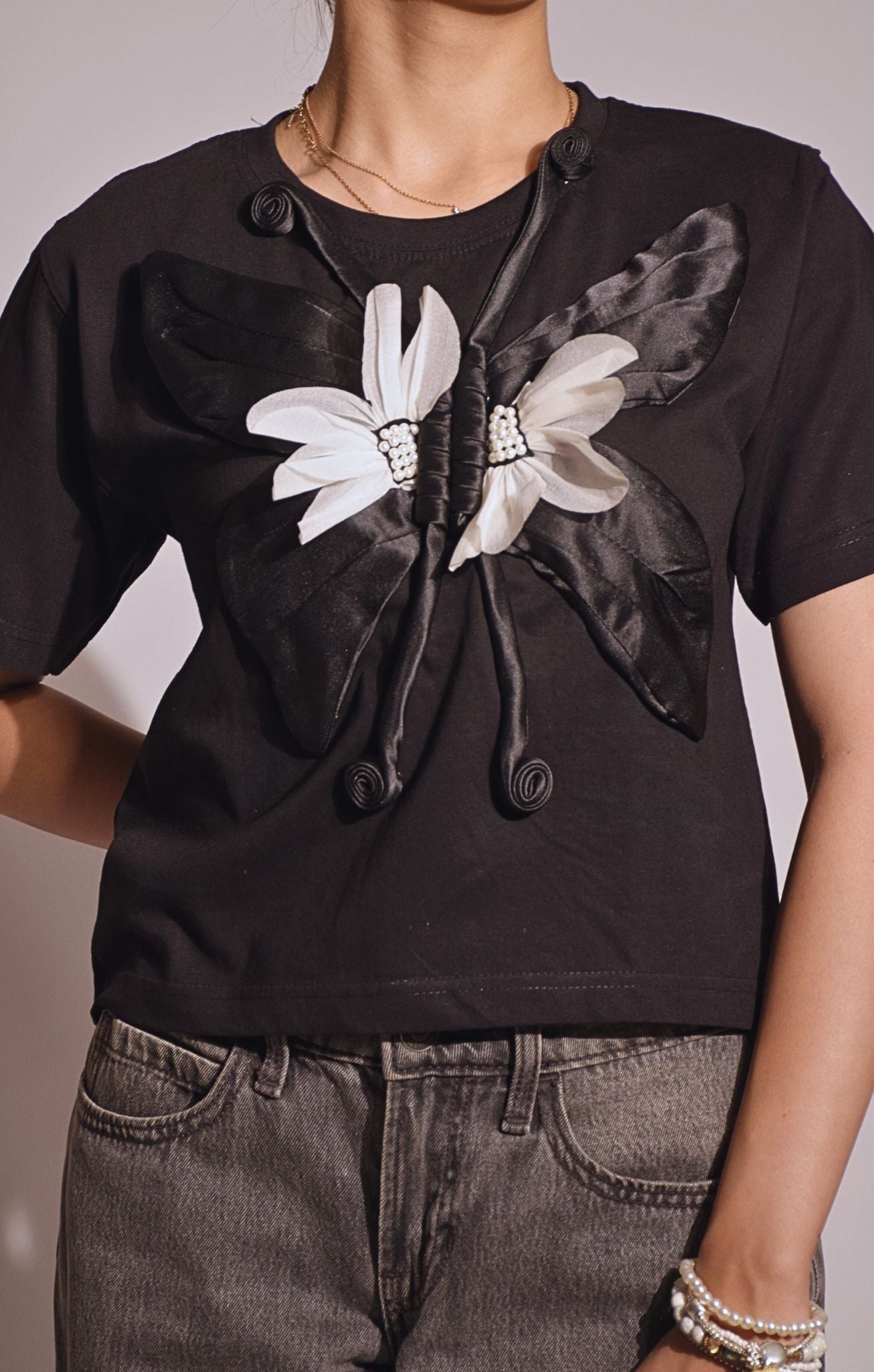 Butterfly Embellished Handcrafted Crop T Shirt