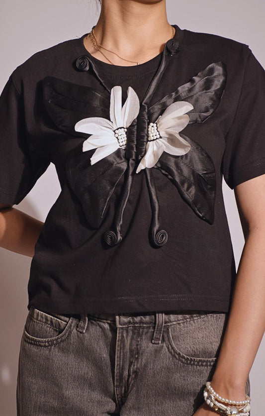 Butterfly Embellished Handcrafted Crop T Shirt
