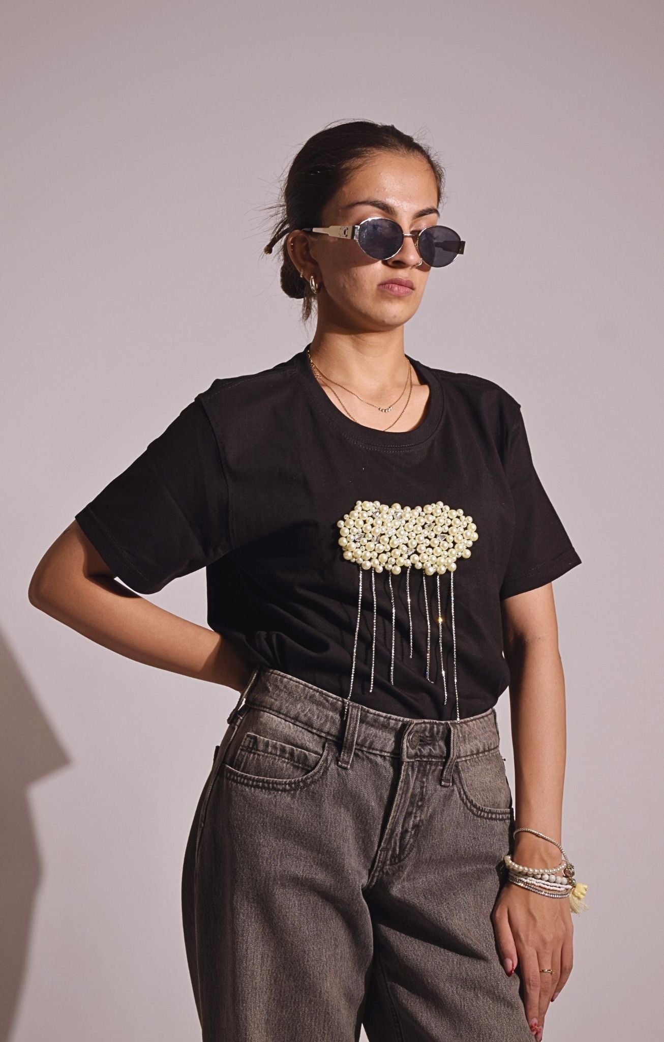 Cloud Embellished Handcrafted Oversized T Shirt