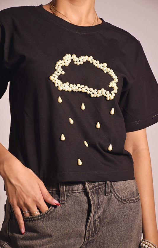 Rain Embellished Handcrafted Crop T Shirt