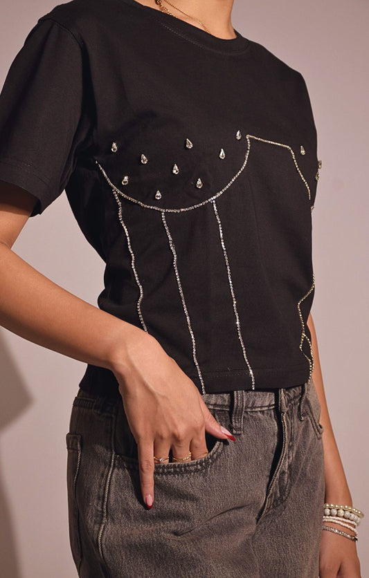 Corset Embellished Handcrafted Crop T Shirt
