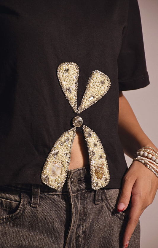 Bow Aura Embellished Handcrafted Crop T Shirt
