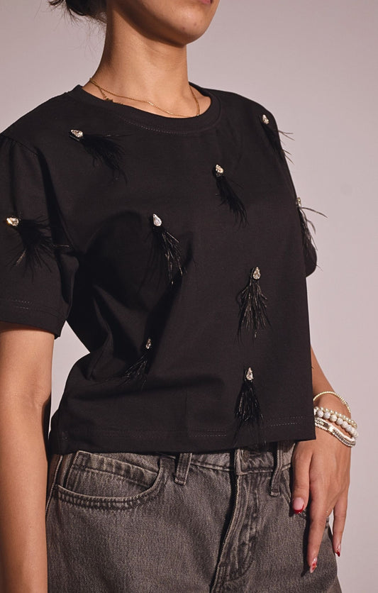 Feather Embellished Handcrafted Crop T Shirt